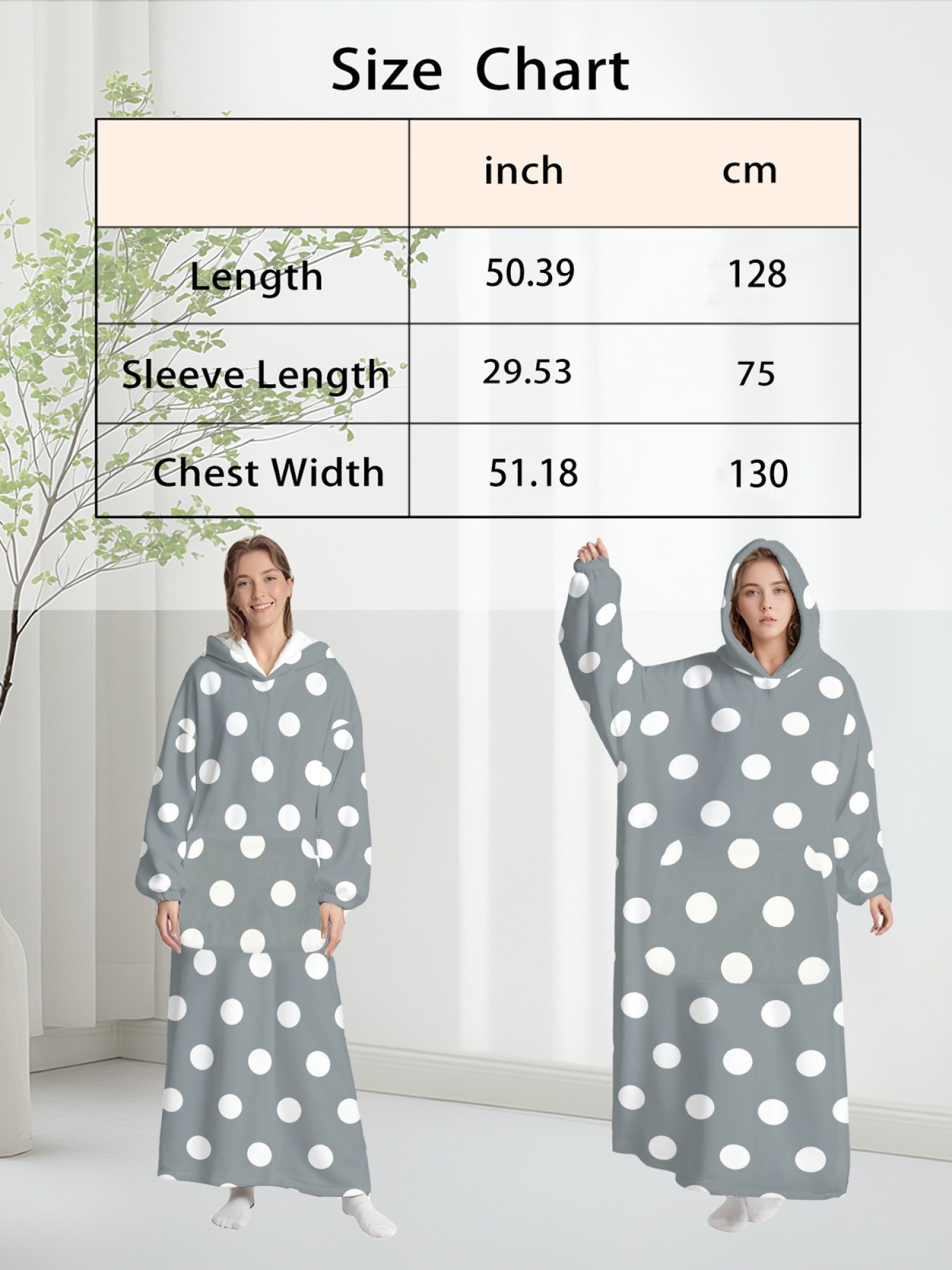 Women's Retro White Polka Dot Printed Flannel Hooded Nightgown - Soft Cozy TV Robe (9 Colors: Pink/Dusty Blue/Light Blue/Pale Blue/Burgundy/Magenta/Green/Grey/Navy)