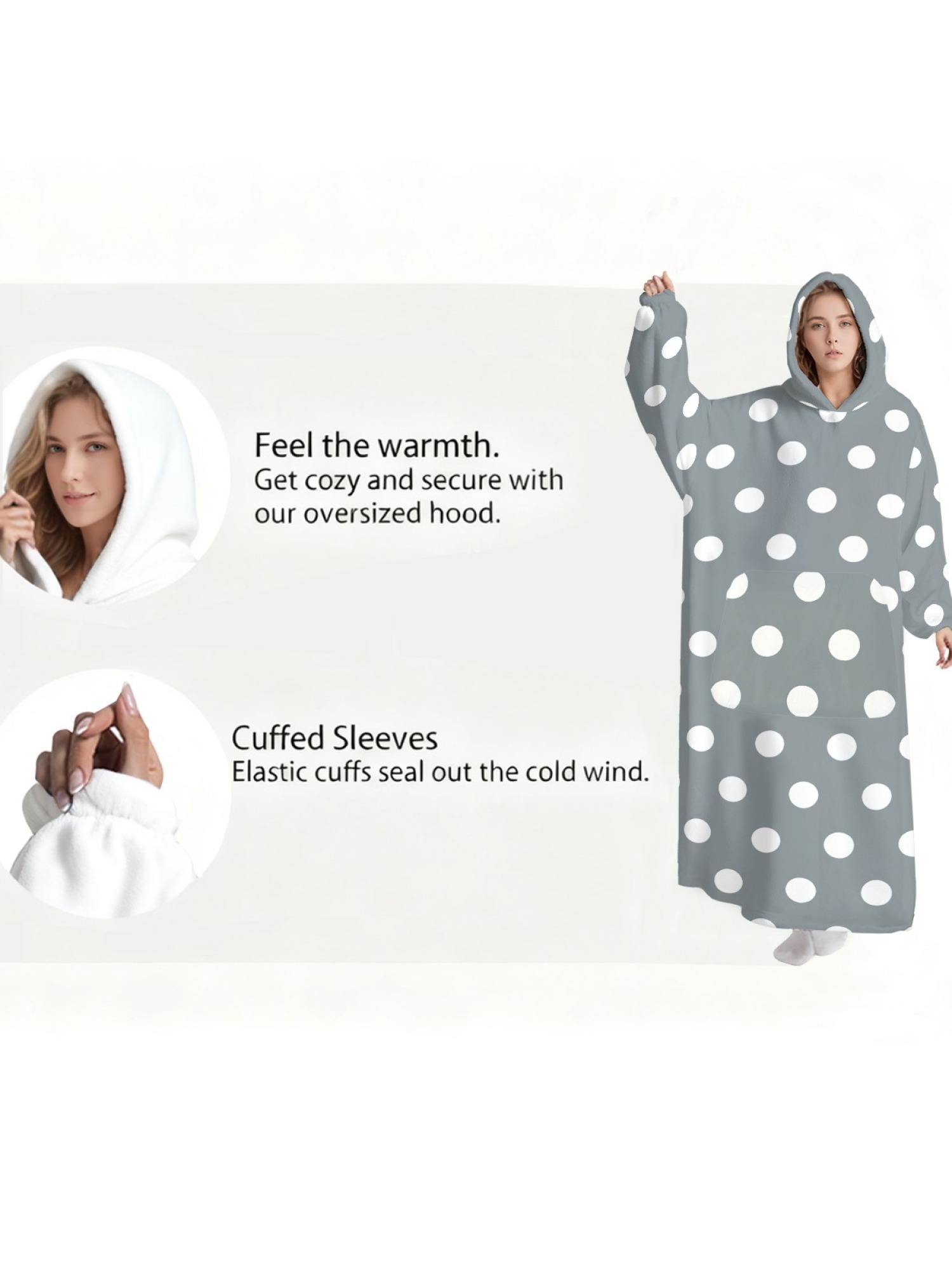 Women's Retro White Polka Dot Printed Flannel Hooded Nightgown - Soft Cozy TV Robe (9 Colors: Pink/Dusty Blue/Light Blue/Pale Blue/Burgundy/Magenta/Green/Grey/Navy)