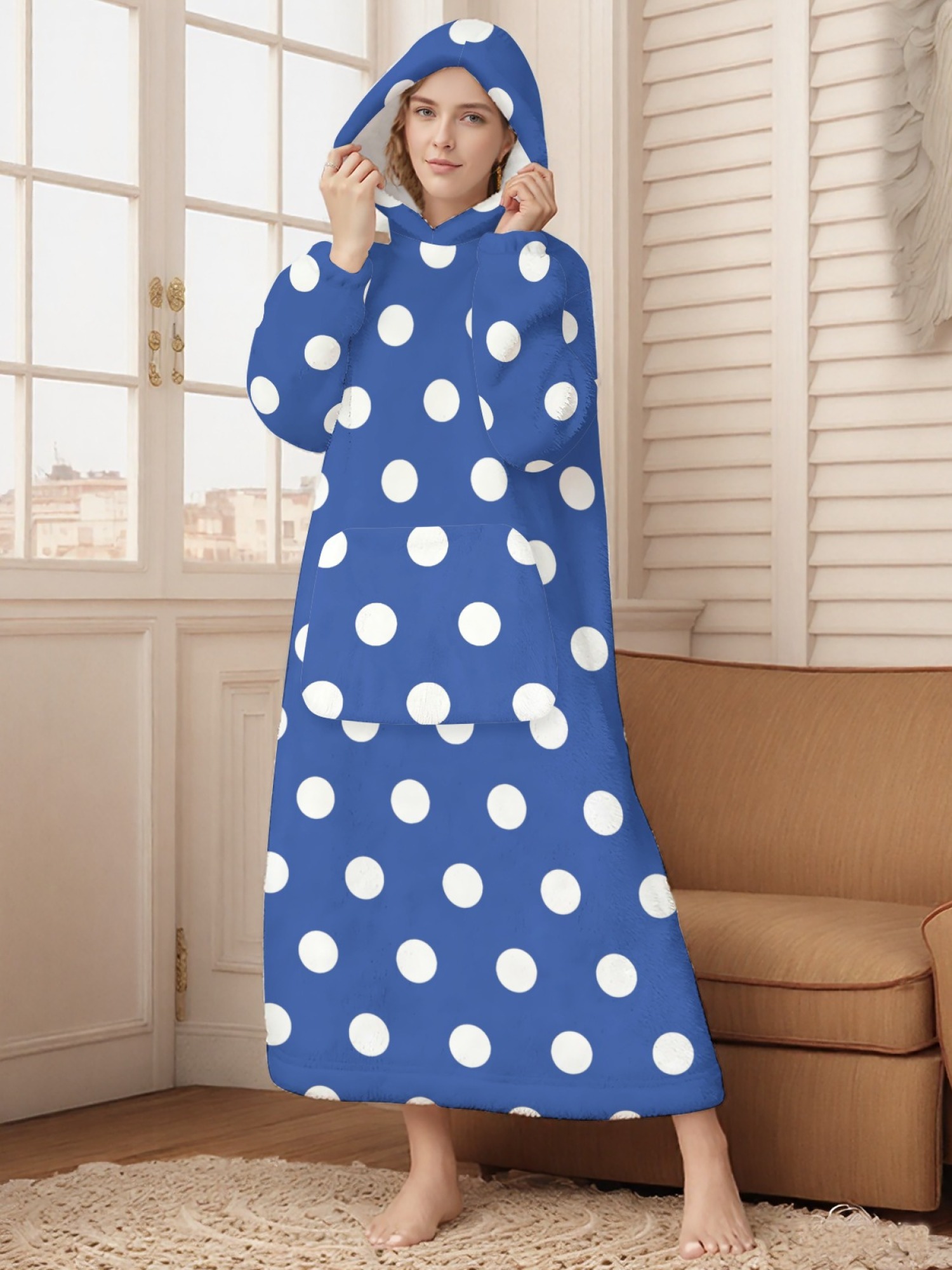 Women's Retro White Polka Dot Printed Flannel Hooded Nightgown - Soft Cozy TV Robe (9 Colors: Pink/Dusty Blue/Light Blue/Pale Blue/Burgundy/Magenta/Green/Grey/Navy)