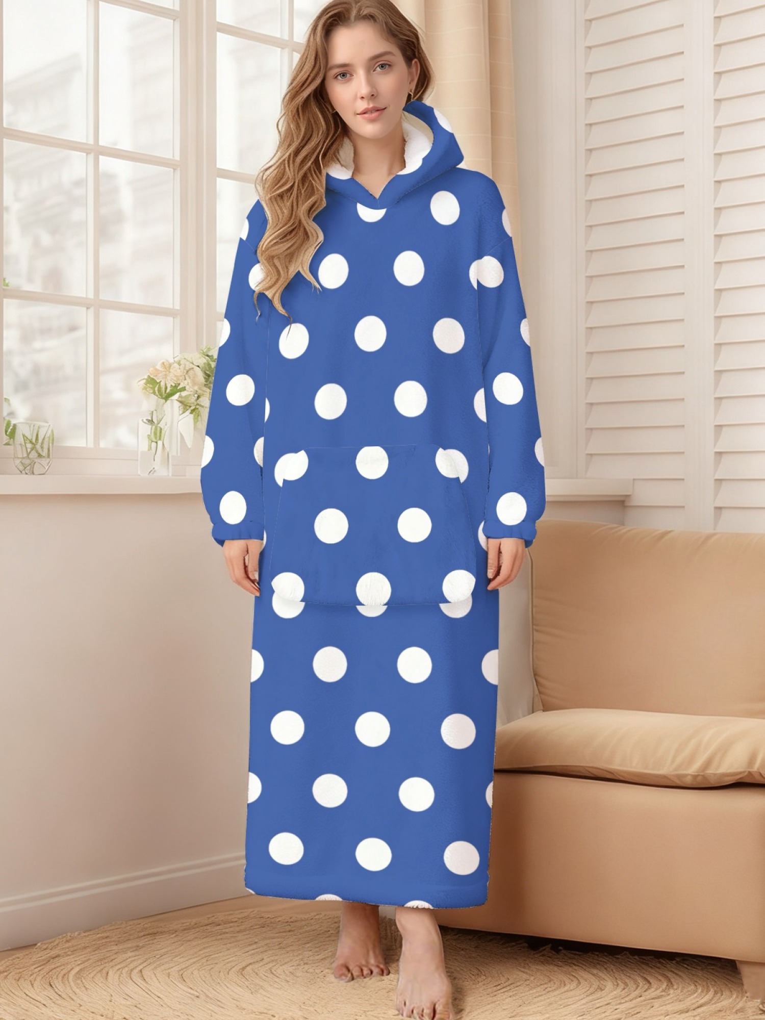 Women's Retro White Polka Dot Printed Flannel Hooded Nightgown - Soft Cozy TV Robe (9 Colors: Pink/Dusty Blue/Light Blue/Pale Blue/Burgundy/Magenta/Green/Grey/Navy)
