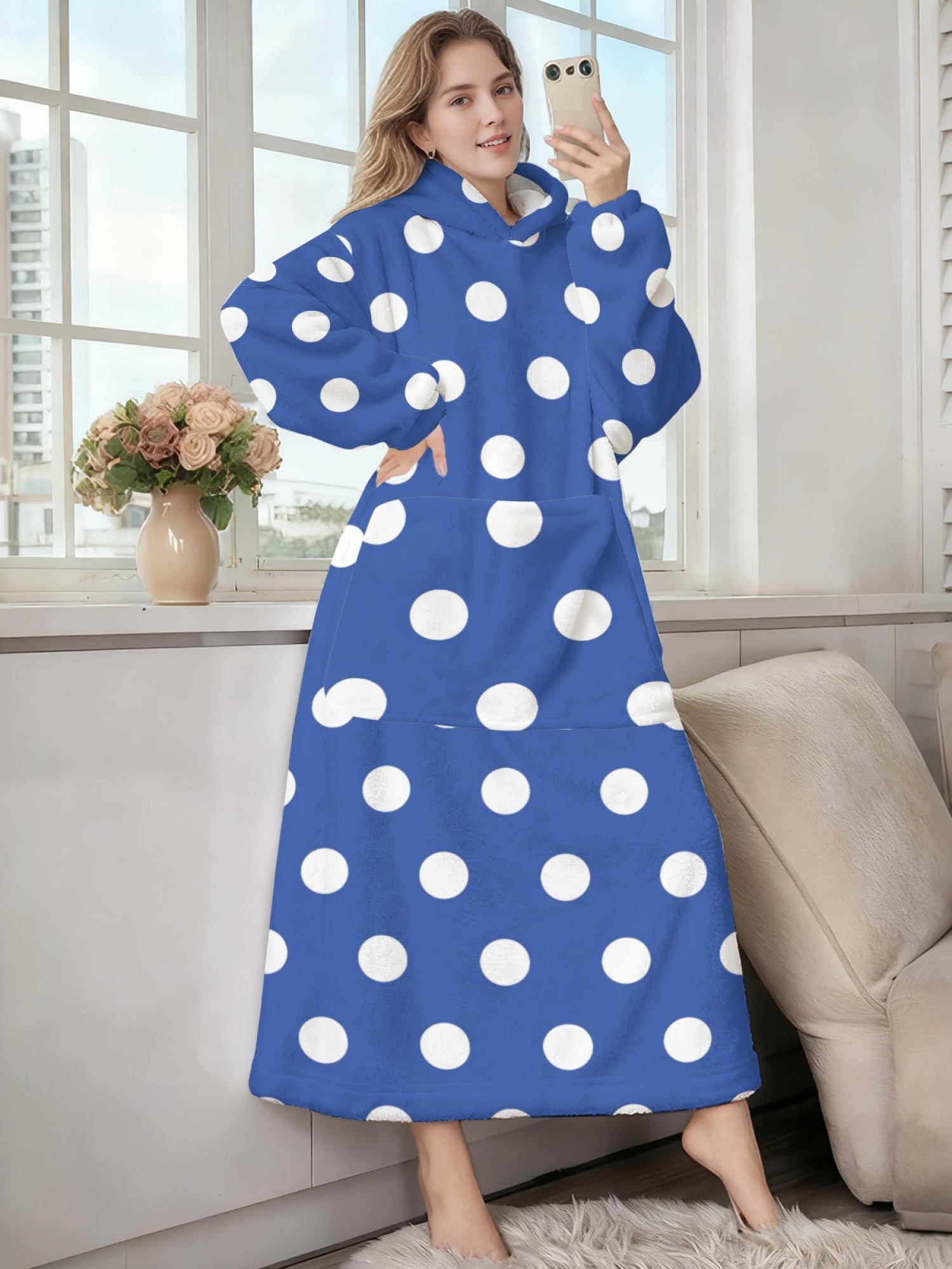 Women's Retro White Polka Dot Printed Flannel Hooded Nightgown - Soft Cozy TV Robe (9 Colors: Pink/Dusty Blue/Light Blue/Pale Blue/Burgundy/Magenta/Green/Grey/Navy)