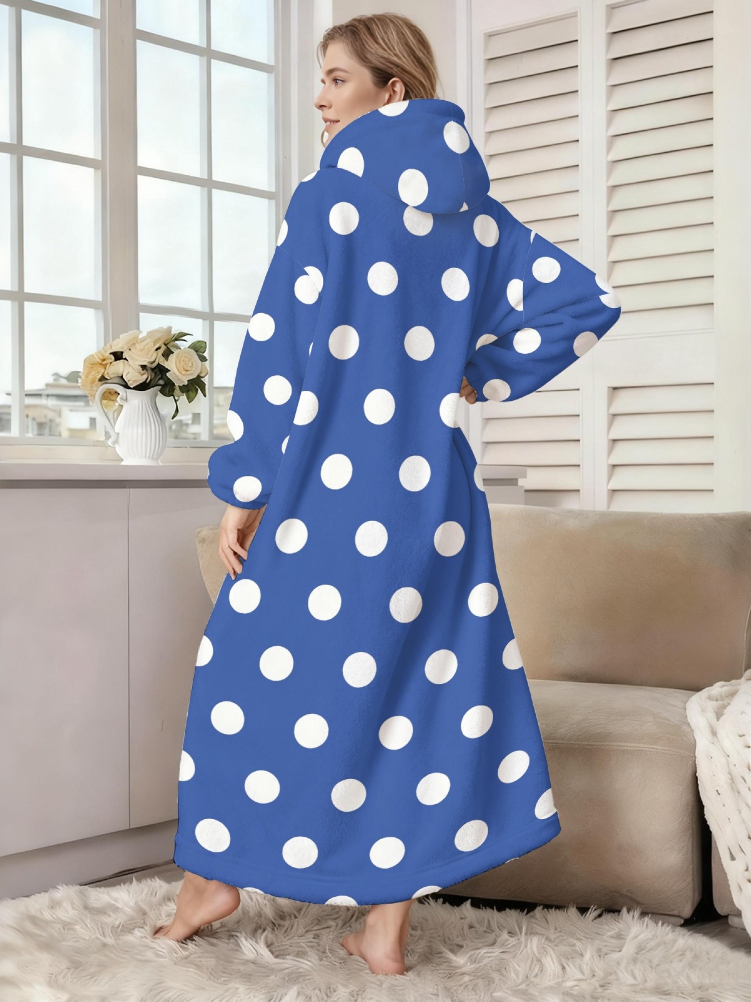 Women's Retro White Polka Dot Printed Flannel Hooded Nightgown - Soft Cozy TV Robe (9 Colors: Pink/Dusty Blue/Light Blue/Pale Blue/Burgundy/Magenta/Green/Grey/Navy)