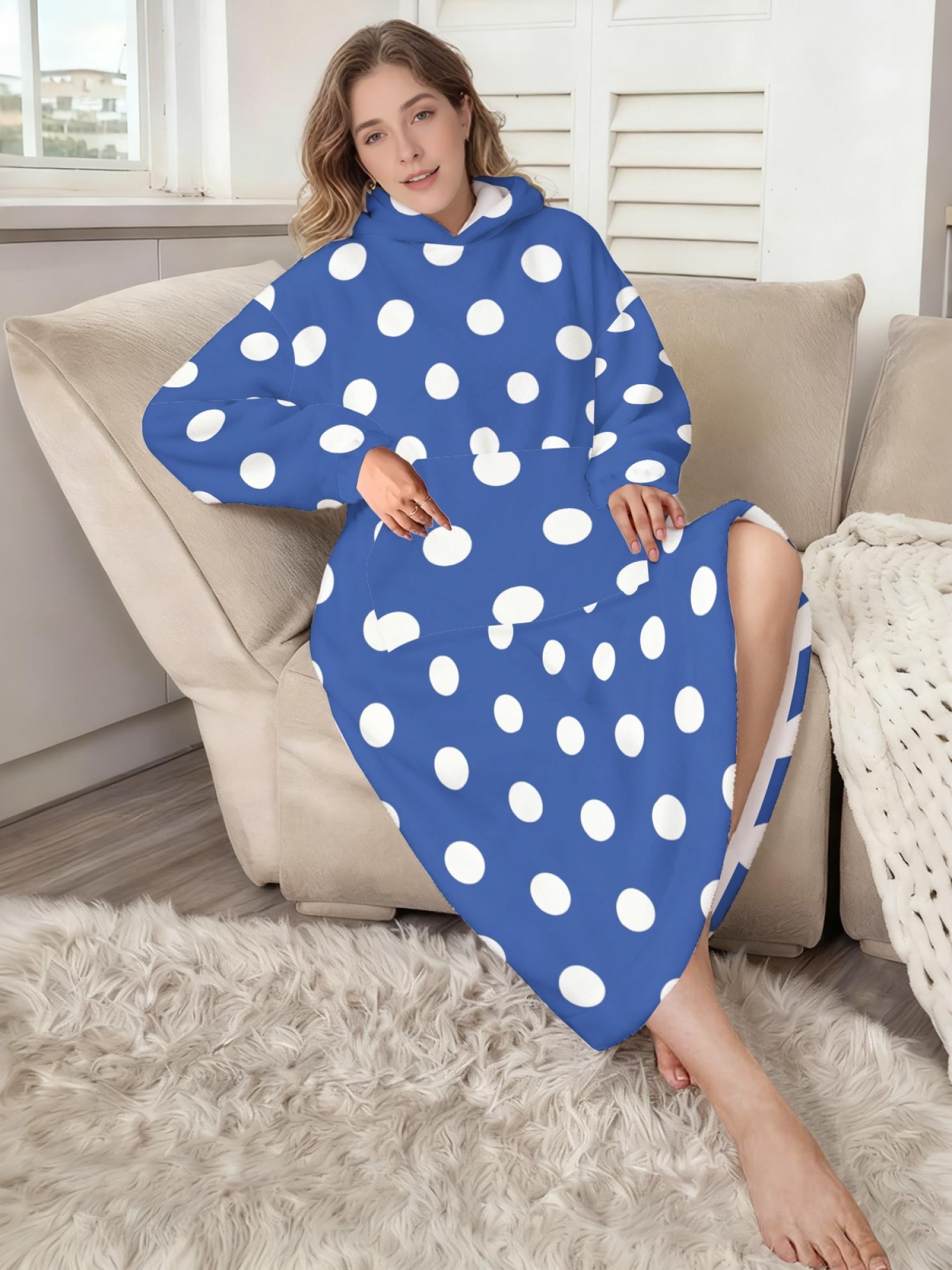 Women's Retro White Polka Dot Printed Flannel Hooded Nightgown - Soft Cozy TV Robe (9 Colors: Pink/Dusty Blue/Light Blue/Pale Blue/Burgundy/Magenta/Green/Grey/Navy)
