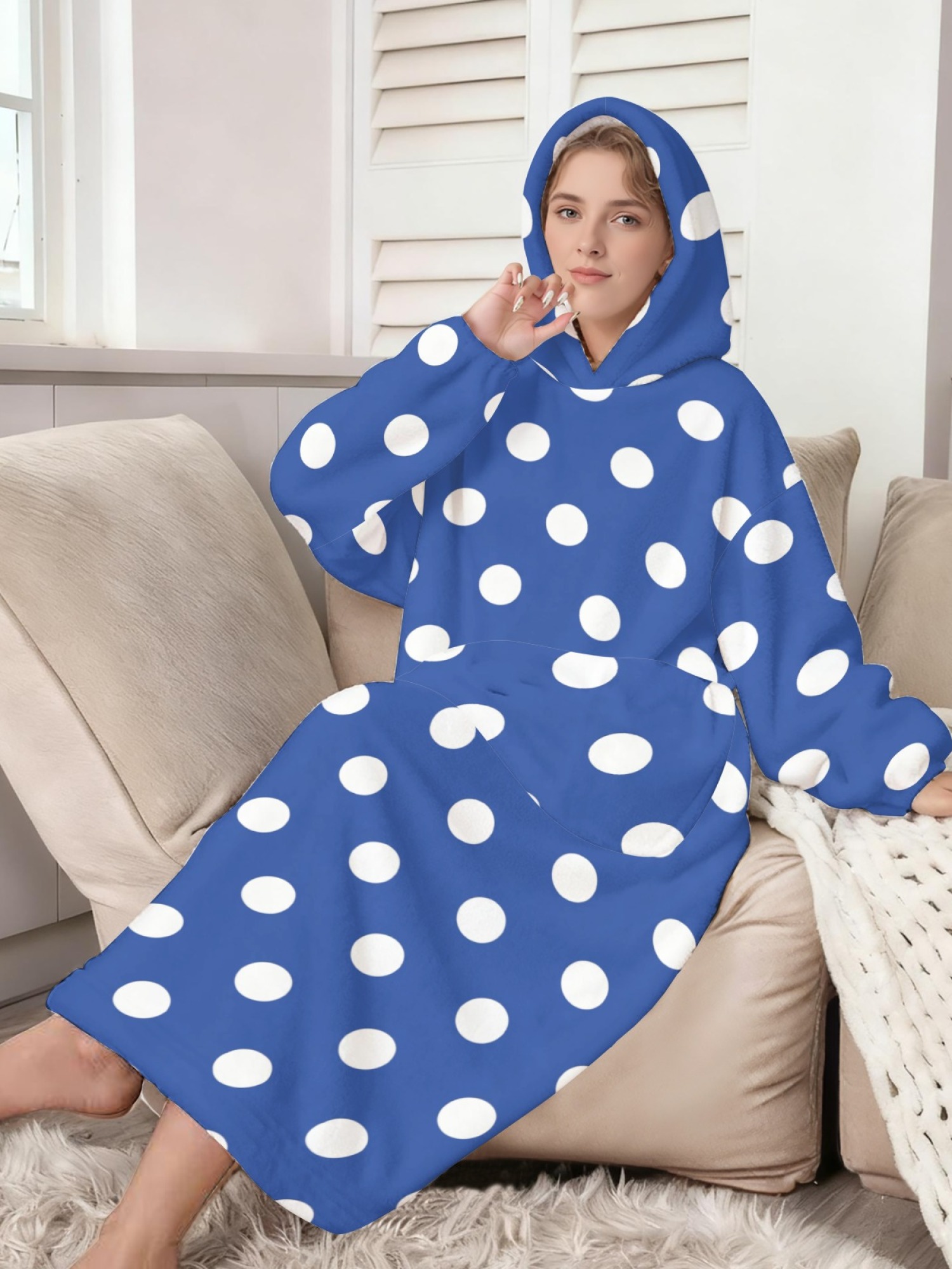 Women's Retro White Polka Dot Printed Flannel Hooded Nightgown - Soft Cozy TV Robe (9 Colors: Pink/Dusty Blue/Light Blue/Pale Blue/Burgundy/Magenta/Green/Grey/Navy)