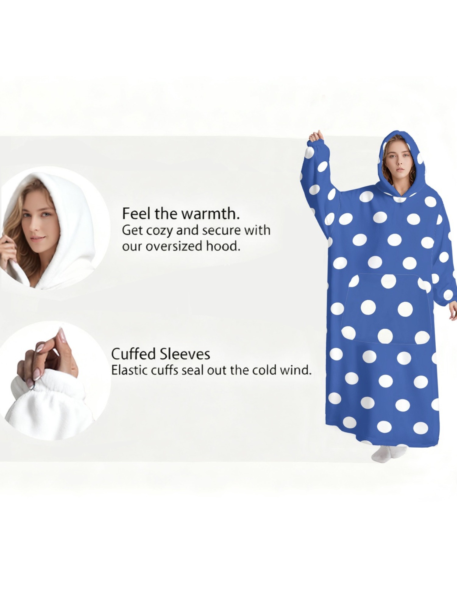 Women's Retro White Polka Dot Printed Flannel Hooded Nightgown - Soft Cozy TV Robe (9 Colors: Pink/Dusty Blue/Light Blue/Pale Blue/Burgundy/Magenta/Green/Grey/Navy)