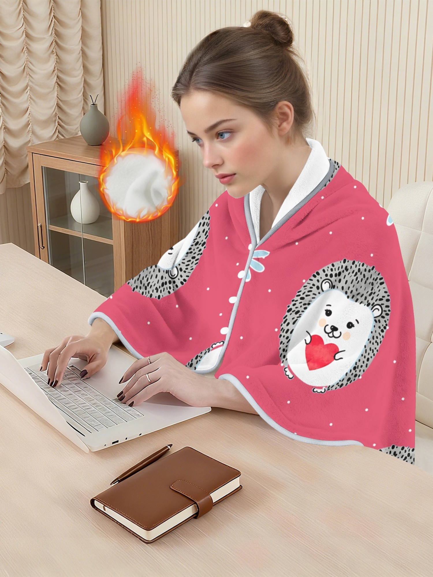 Women's Cartoon Hedgehog Printed Flannel Hooded Shawl - Warm Cozy Blanket Cape (3 Colors: Light Blue/Black/Pink)