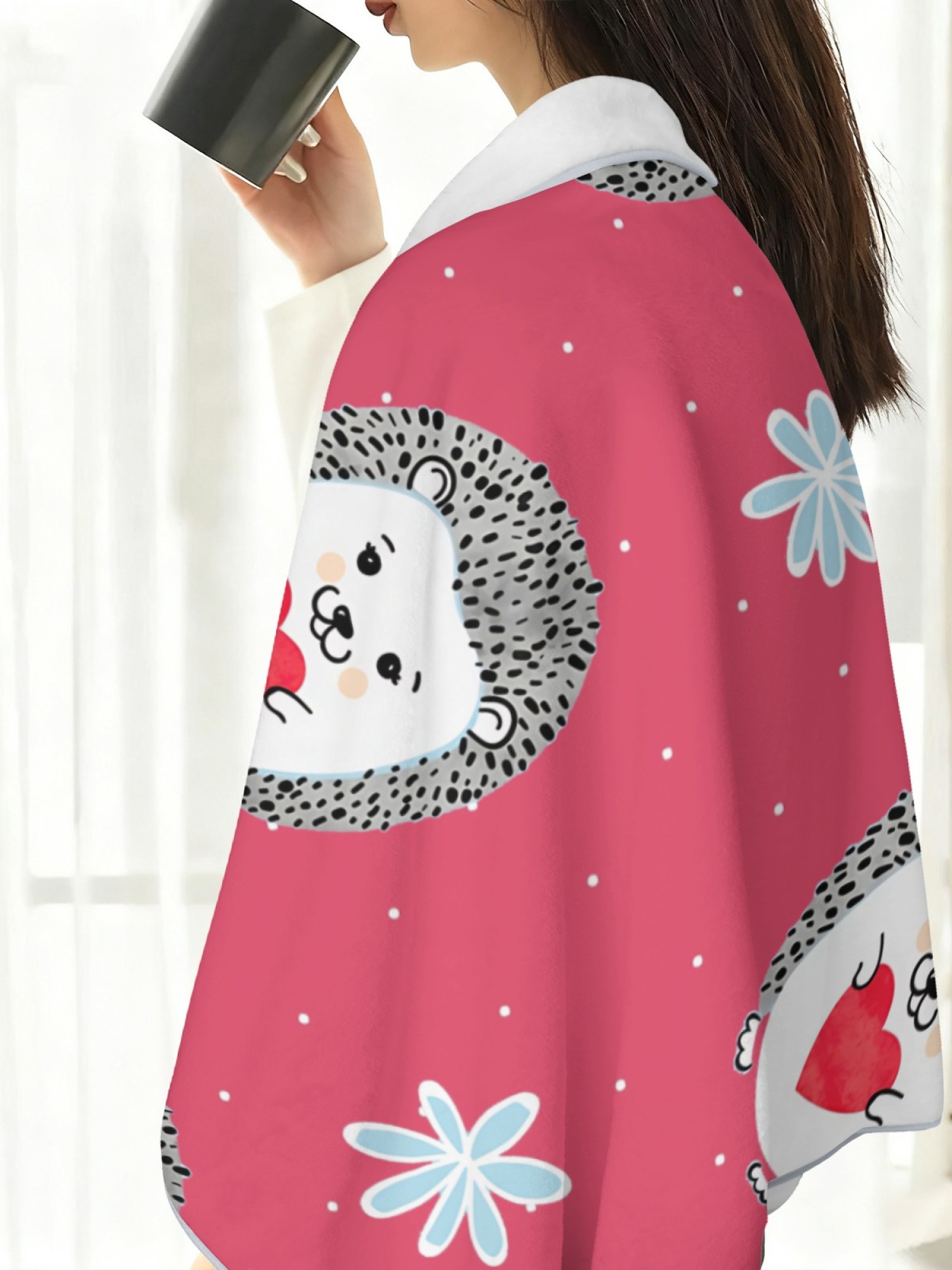 Women's Cartoon Hedgehog Printed Flannel Hooded Shawl - Warm Cozy Blanket Cape (3 Colors: Light Blue/Black/Pink)