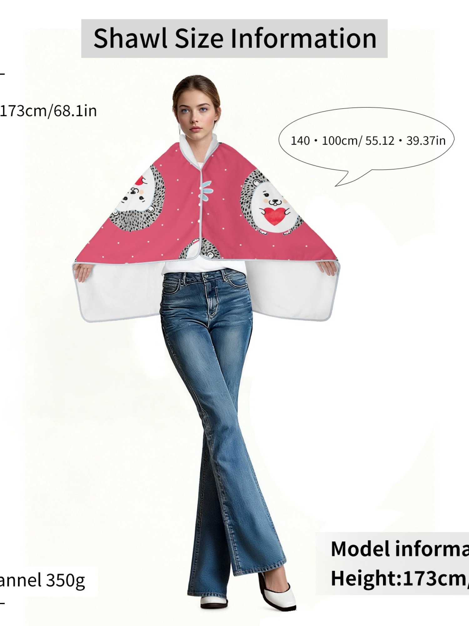 Women's Cartoon Hedgehog Printed Flannel Hooded Shawl - Warm Cozy Blanket Cape (3 Colors: Light Blue/Black/Pink)