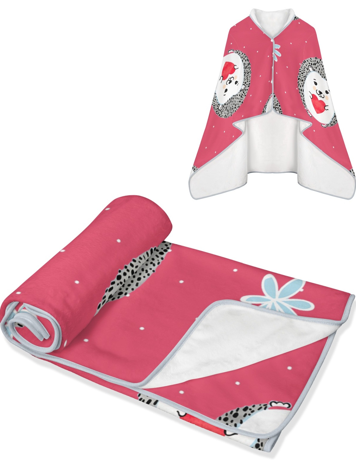 Women's Cartoon Hedgehog Printed Flannel Hooded Shawl - Warm Cozy Blanket Cape (3 Colors: Light Blue/Black/Pink)