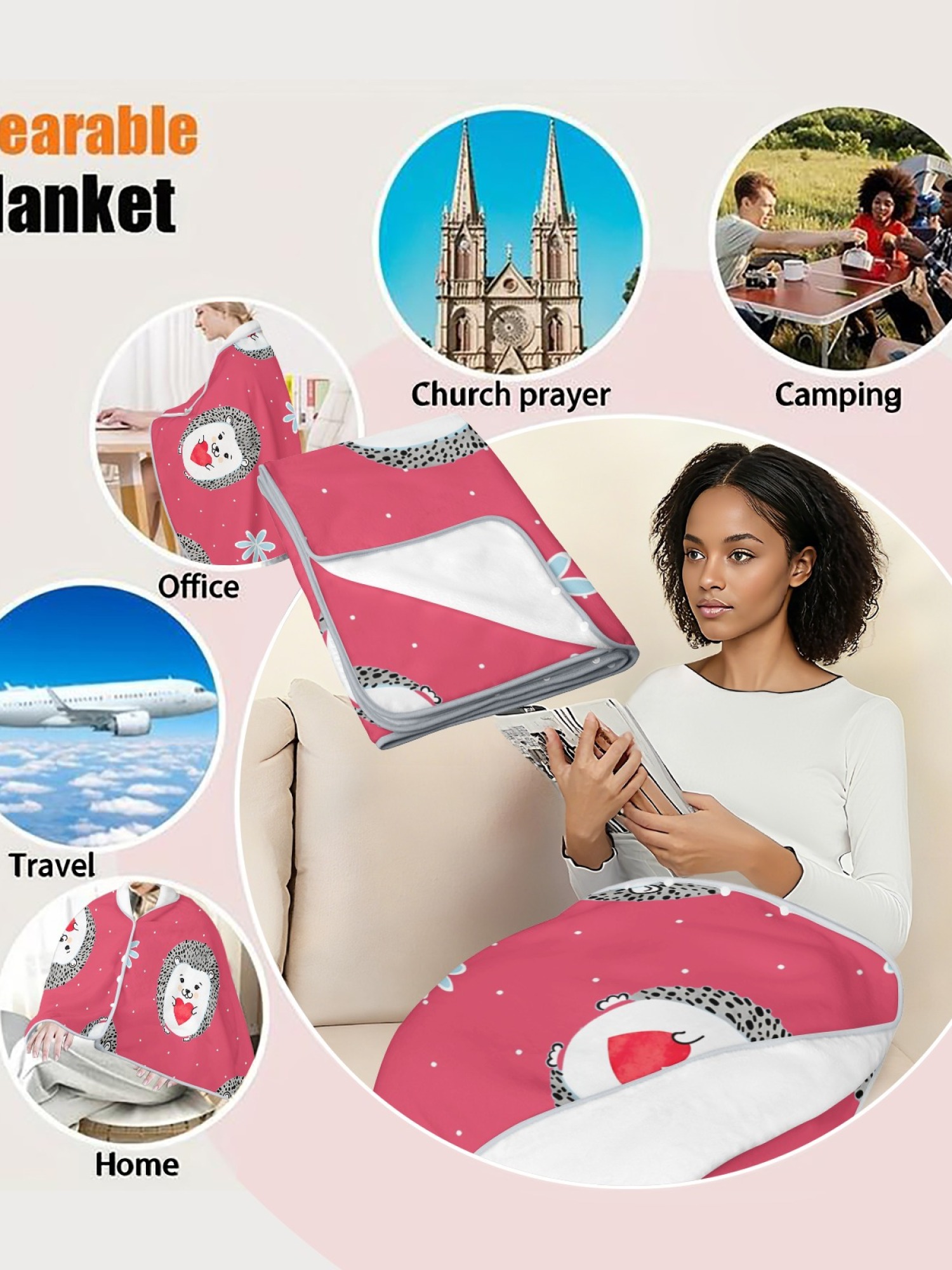 Women's Cartoon Hedgehog Printed Flannel Hooded Shawl - Warm Cozy Blanket Cape (3 Colors: Light Blue/Black/Pink)