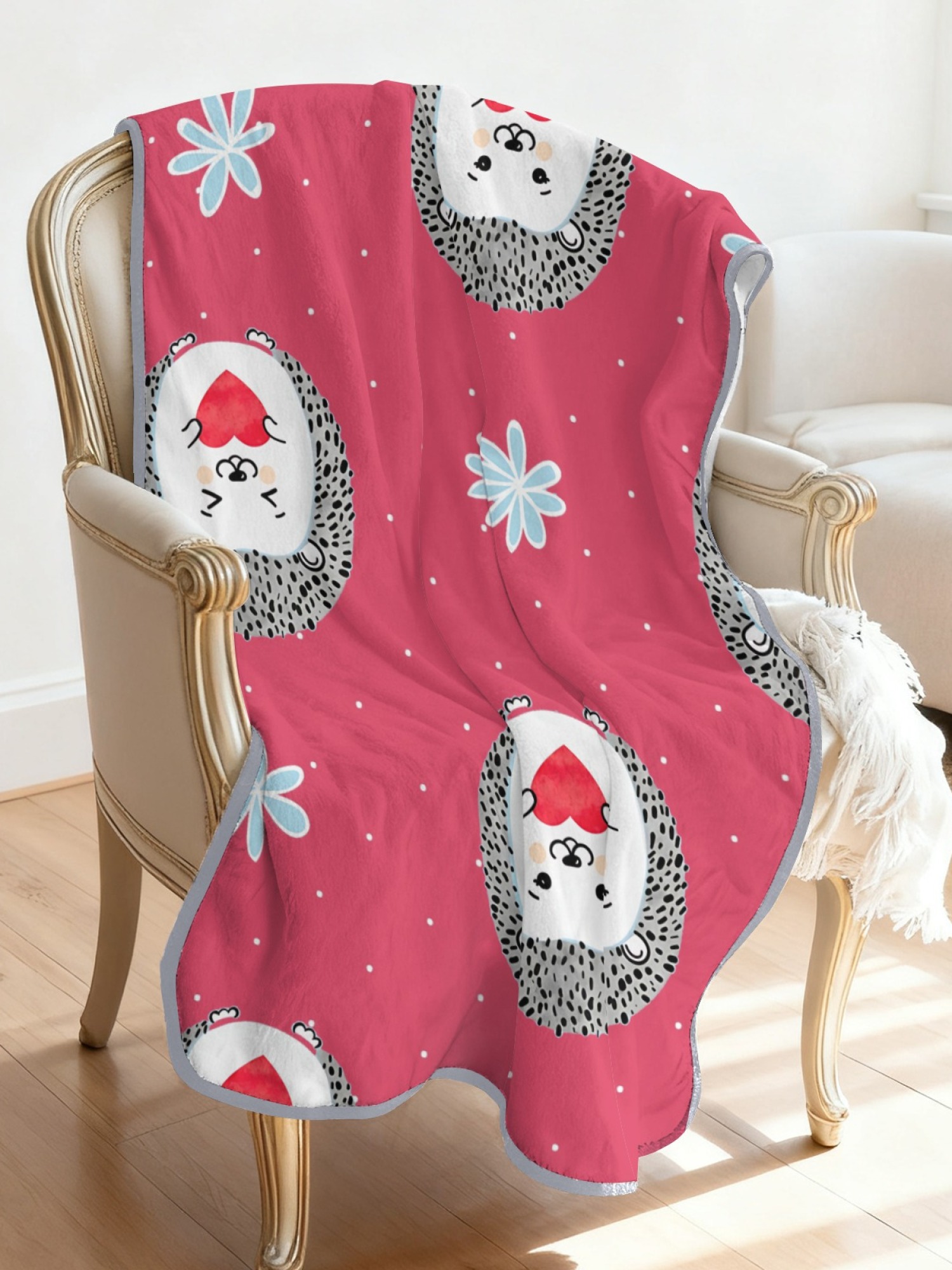 Women's Cartoon Hedgehog Printed Flannel Hooded Shawl - Warm Cozy Blanket Cape (3 Colors: Light Blue/Black/Pink)