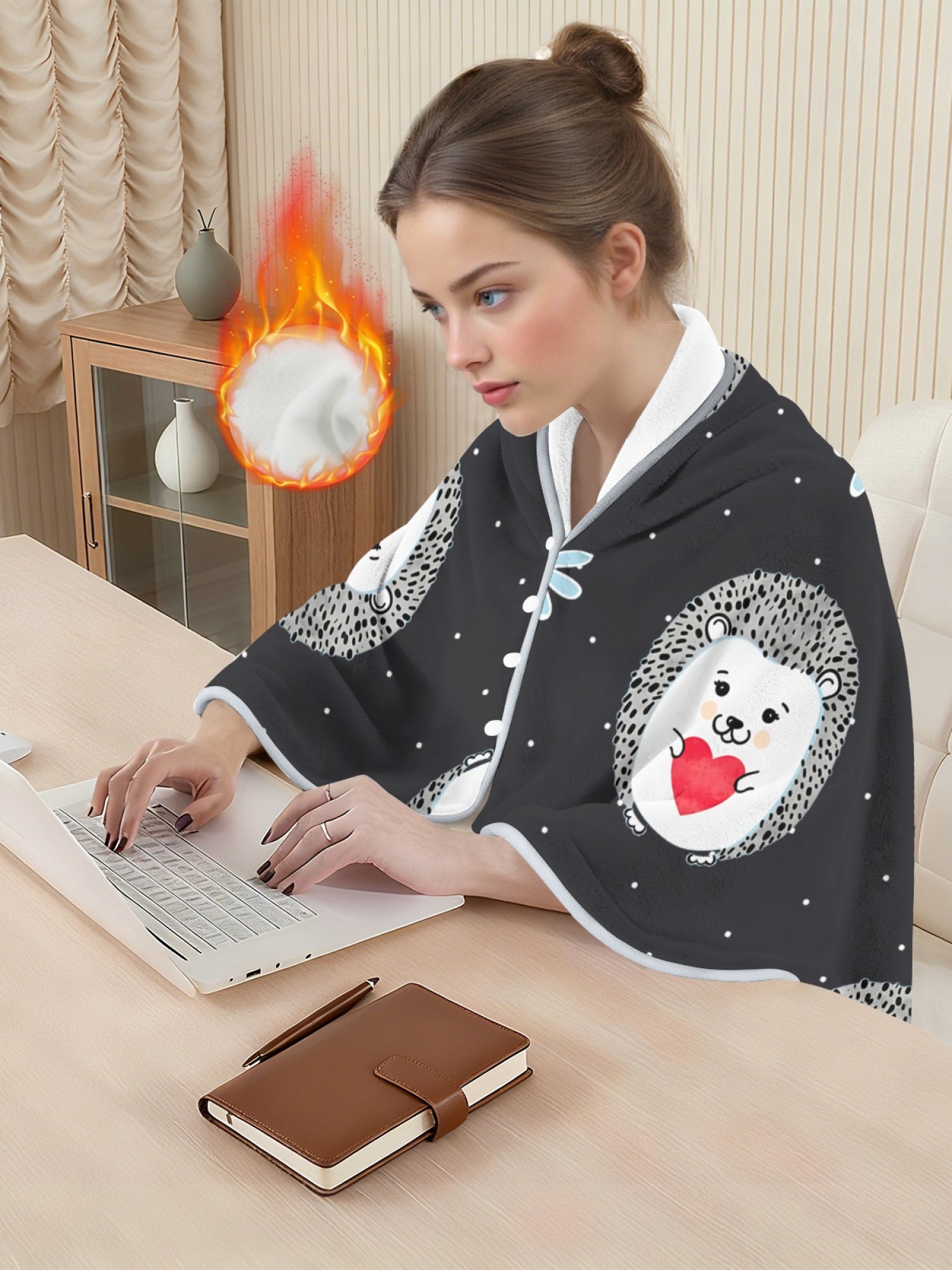 Women's Cartoon Hedgehog Printed Flannel Hooded Shawl - Warm Cozy Blanket Cape (3 Colors: Light Blue/Black/Pink)