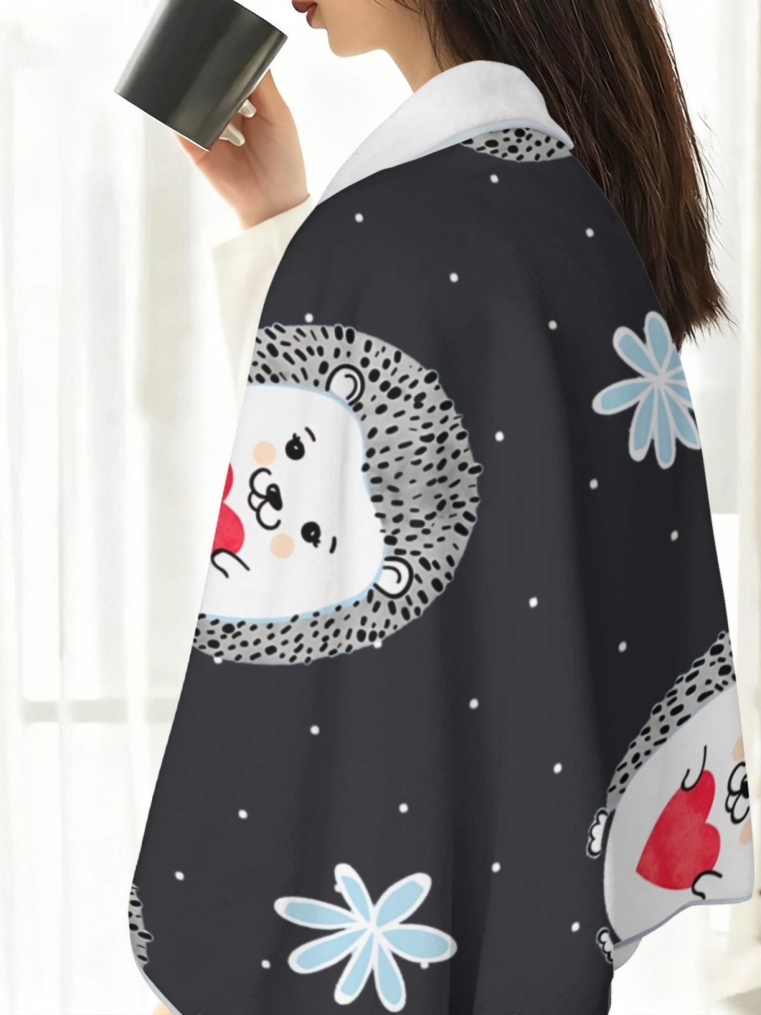 Women's Cartoon Hedgehog Printed Flannel Hooded Shawl - Warm Cozy Blanket Cape (3 Colors: Light Blue/Black/Pink)