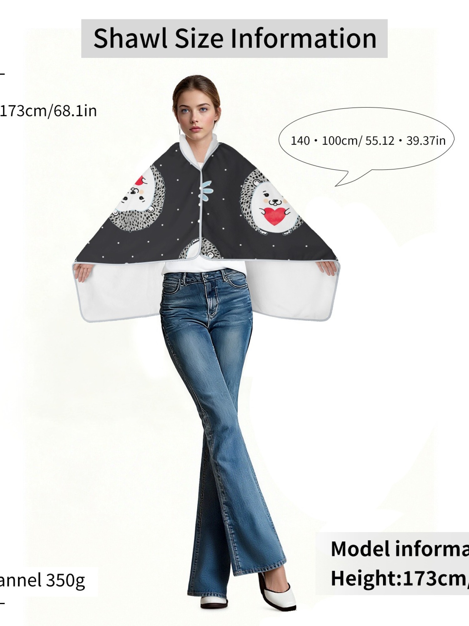 Women's Cartoon Hedgehog Printed Flannel Hooded Shawl - Warm Cozy Blanket Cape (3 Colors: Light Blue/Black/Pink)