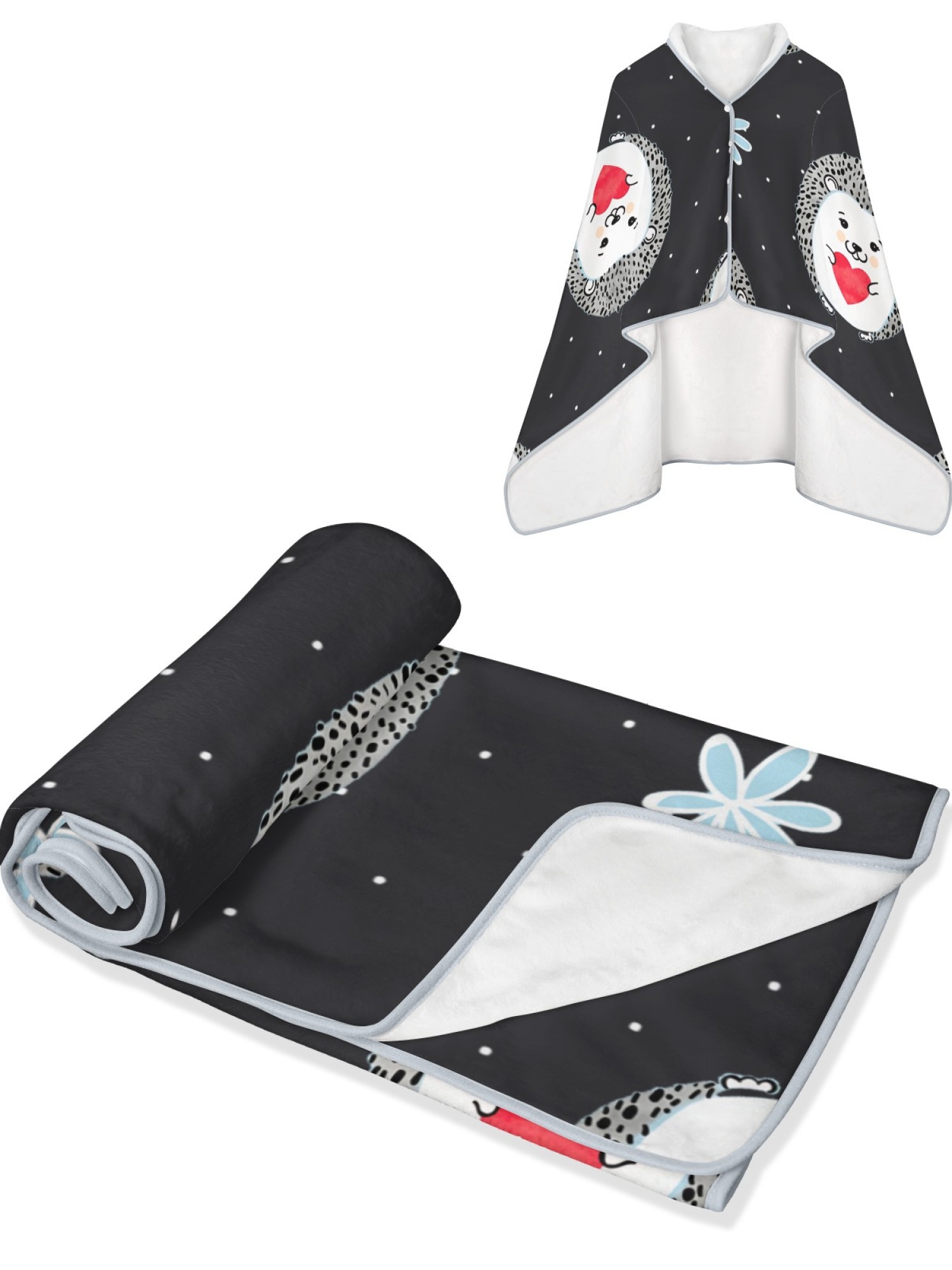 Women's Cartoon Hedgehog Printed Flannel Hooded Shawl - Warm Cozy Blanket Cape (3 Colors: Light Blue/Black/Pink)