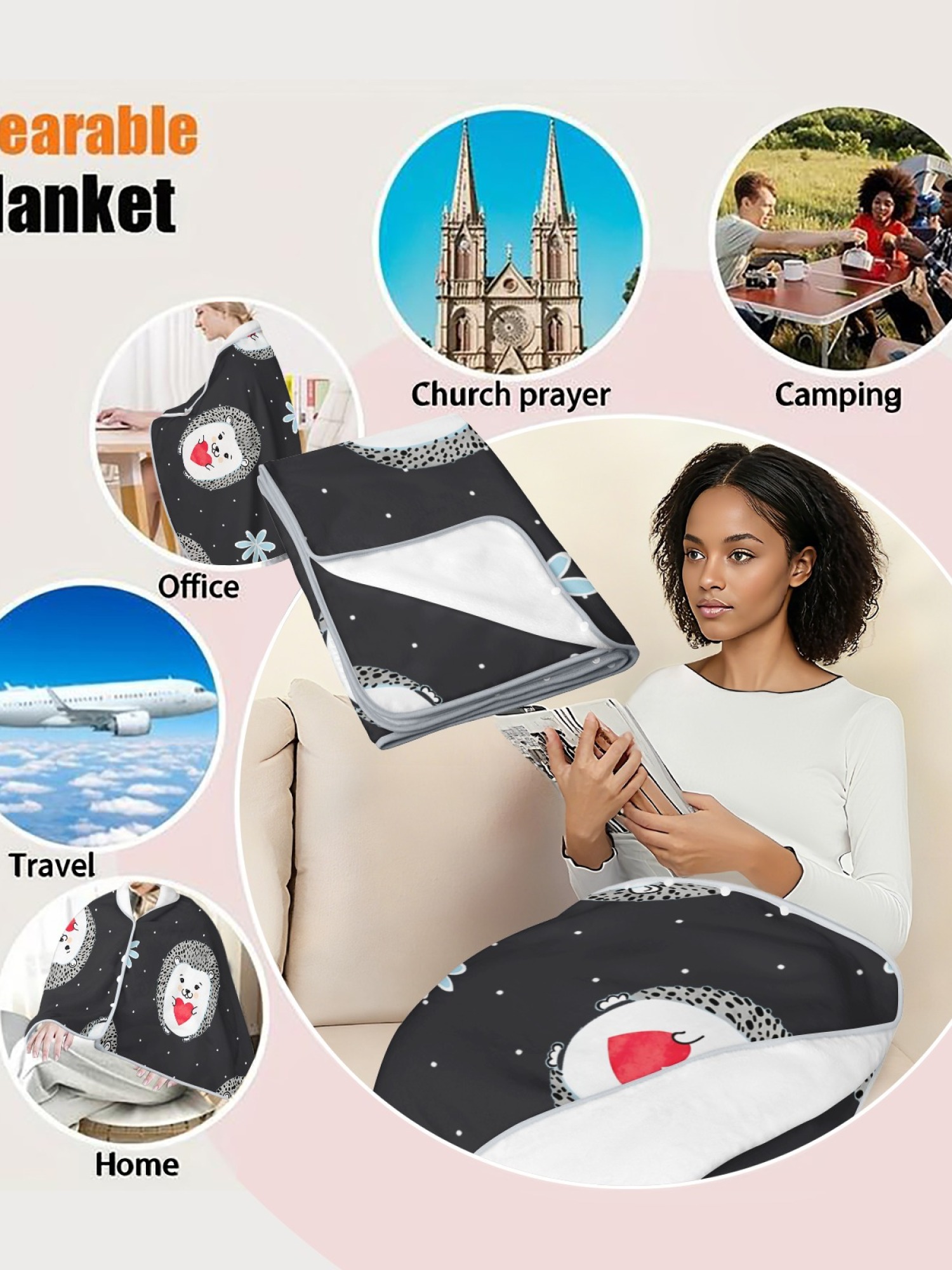 Women's Cartoon Hedgehog Printed Flannel Hooded Shawl - Warm Cozy Blanket Cape (3 Colors: Light Blue/Black/Pink)