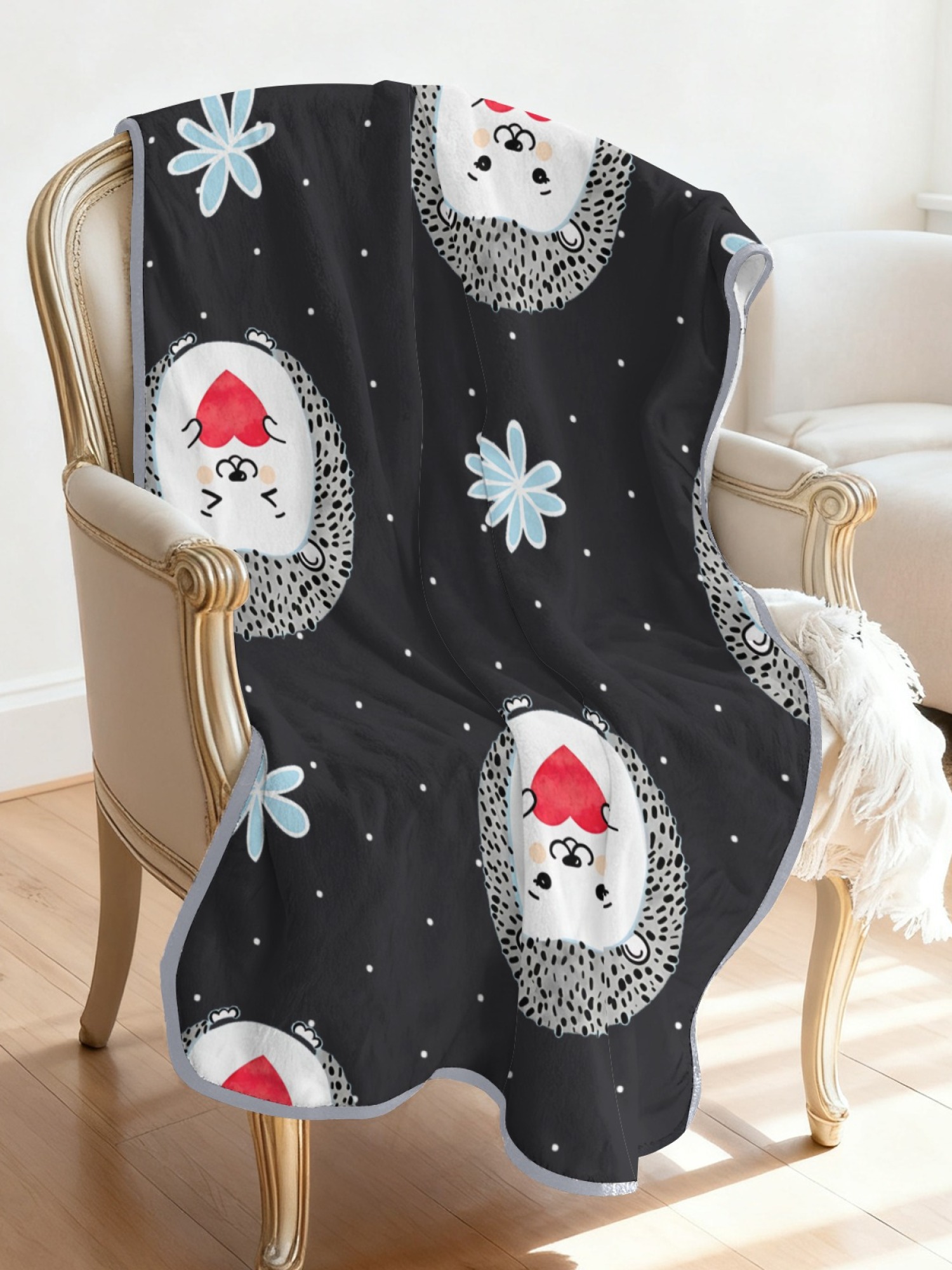 Women's Cartoon Hedgehog Printed Flannel Hooded Shawl - Warm Cozy Blanket Cape (3 Colors: Light Blue/Black/Pink)