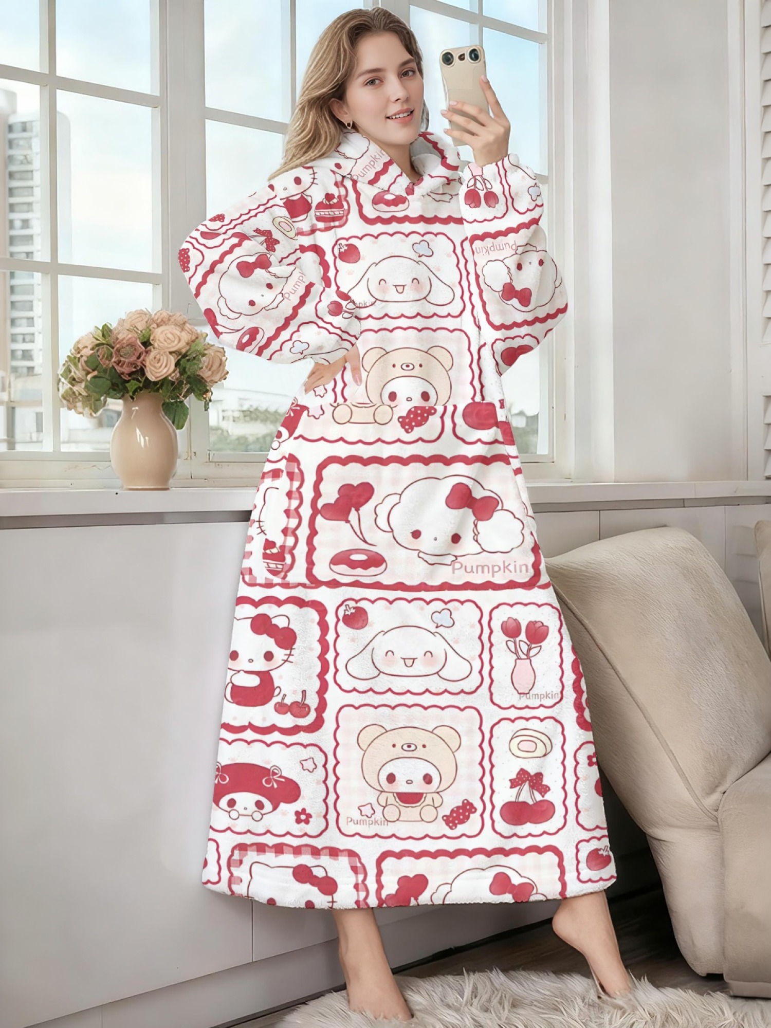 Women's Hello Kitty Themed Flannel Hooded Nightgown - Soft Cozy TV Robe (7 Styles: Yellow Gingham/Red Patchwork/Red Apple/Pink Gingham/Black Check/Pale Pink Gingham/Light Blue Gingham)