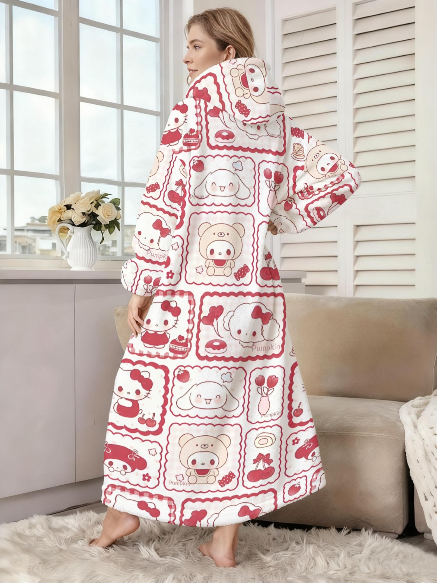Women's Hello Kitty Themed Flannel Hooded Nightgown - Soft Cozy TV Robe (7 Styles: Yellow Gingham/Red Patchwork/Red Apple/Pink Gingham/Black Check/Pale Pink Gingham/Light Blue Gingham)
