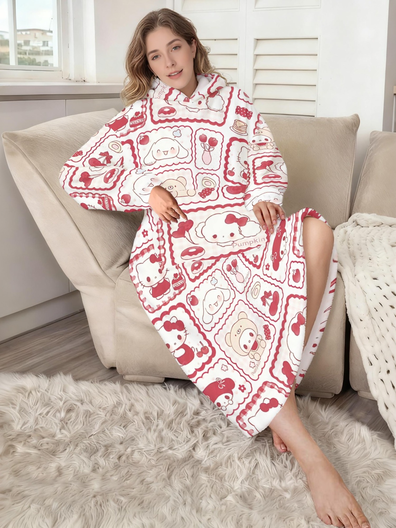 Women's Hello Kitty Themed Flannel Hooded Nightgown - Soft Cozy TV Robe (7 Styles: Yellow Gingham/Red Patchwork/Red Apple/Pink Gingham/Black Check/Pale Pink Gingham/Light Blue Gingham)