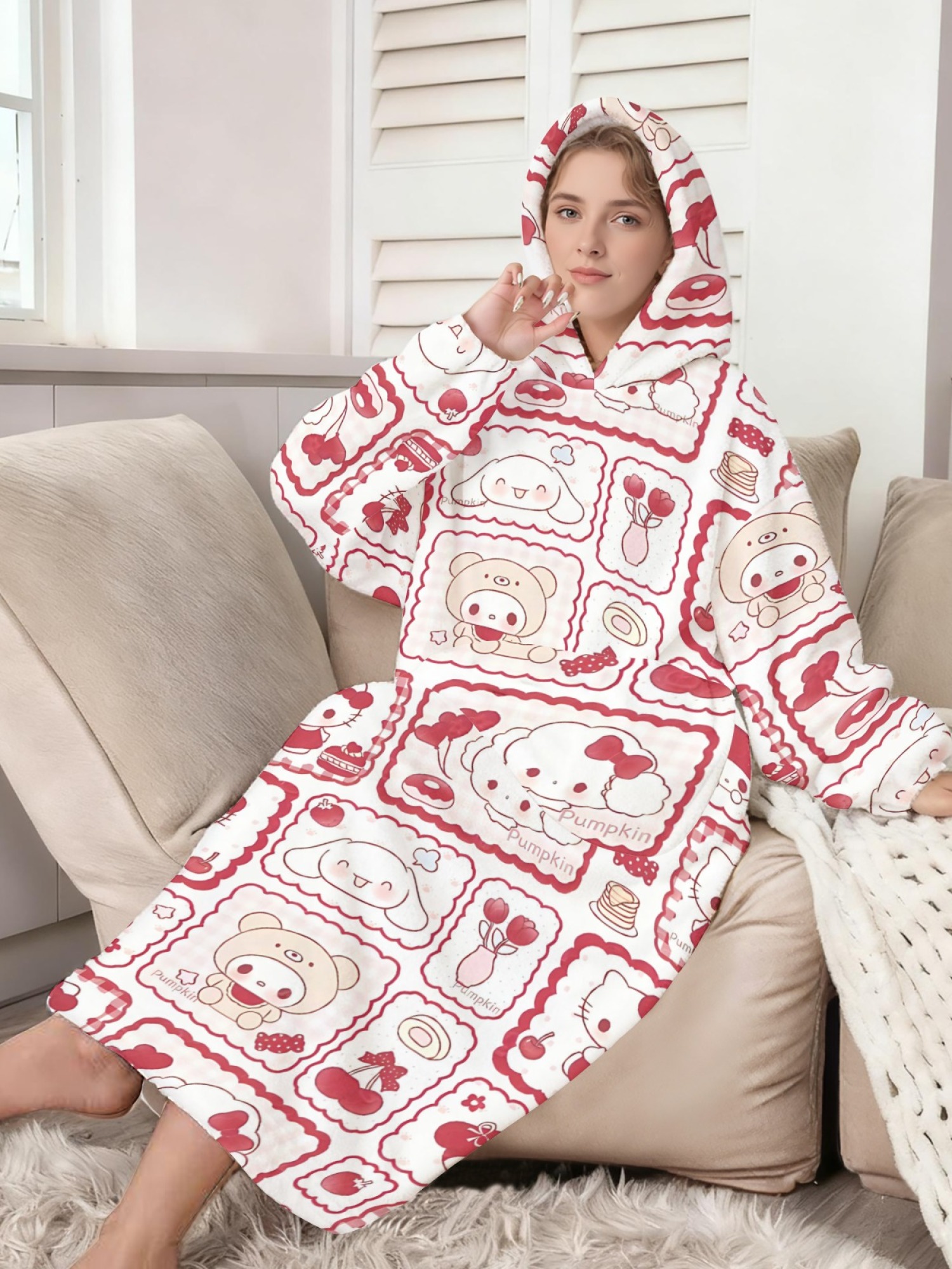 Women's Hello Kitty Themed Flannel Hooded Nightgown - Soft Cozy TV Robe (7 Styles: Yellow Gingham/Red Patchwork/Red Apple/Pink Gingham/Black Check/Pale Pink Gingham/Light Blue Gingham)