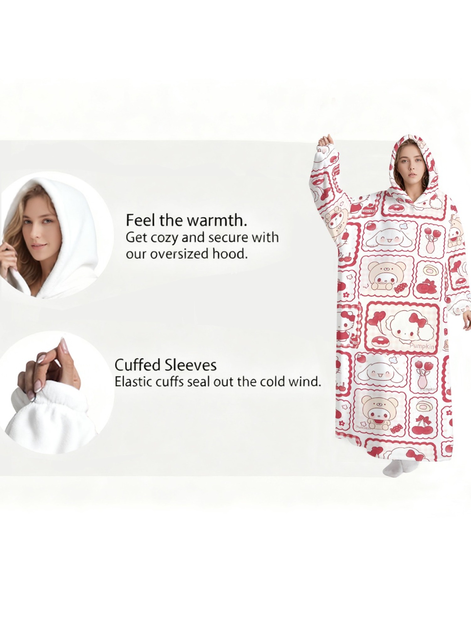 Women's Hello Kitty Themed Flannel Hooded Nightgown - Soft Cozy TV Robe (7 Styles: Yellow Gingham/Red Patchwork/Red Apple/Pink Gingham/Black Check/Pale Pink Gingham/Light Blue Gingham)