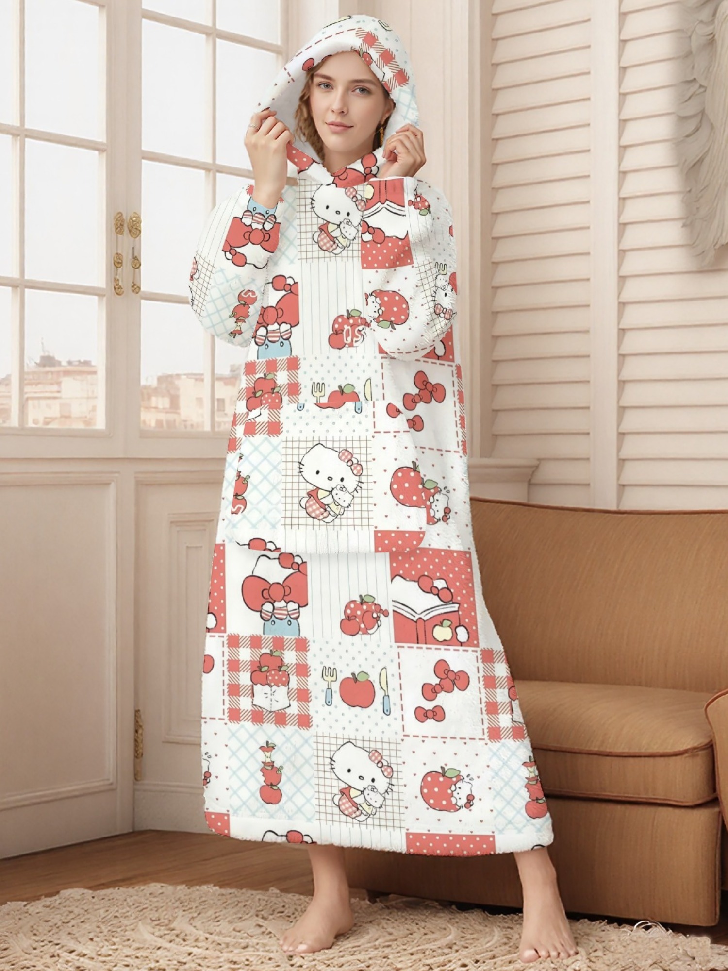 Women's Hello Kitty Themed Flannel Hooded Nightgown - Soft Cozy TV Robe (7 Styles: Yellow Gingham/Red Patchwork/Red Apple/Pink Gingham/Black Check/Pale Pink Gingham/Light Blue Gingham)