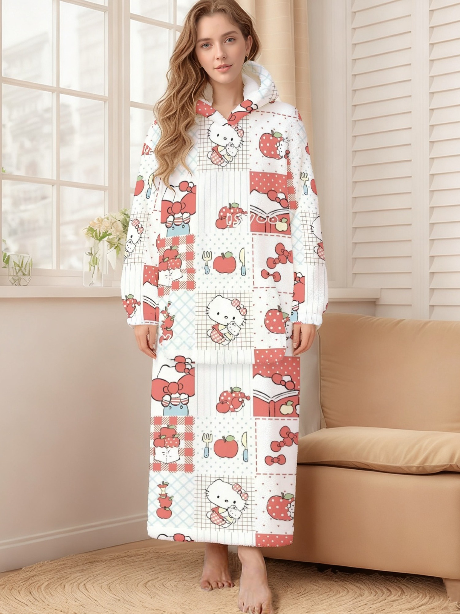 Women's Hello Kitty Themed Flannel Hooded Nightgown - Soft Cozy TV Robe (7 Styles: Yellow Gingham/Red Patchwork/Red Apple/Pink Gingham/Black Check/Pale Pink Gingham/Light Blue Gingham)