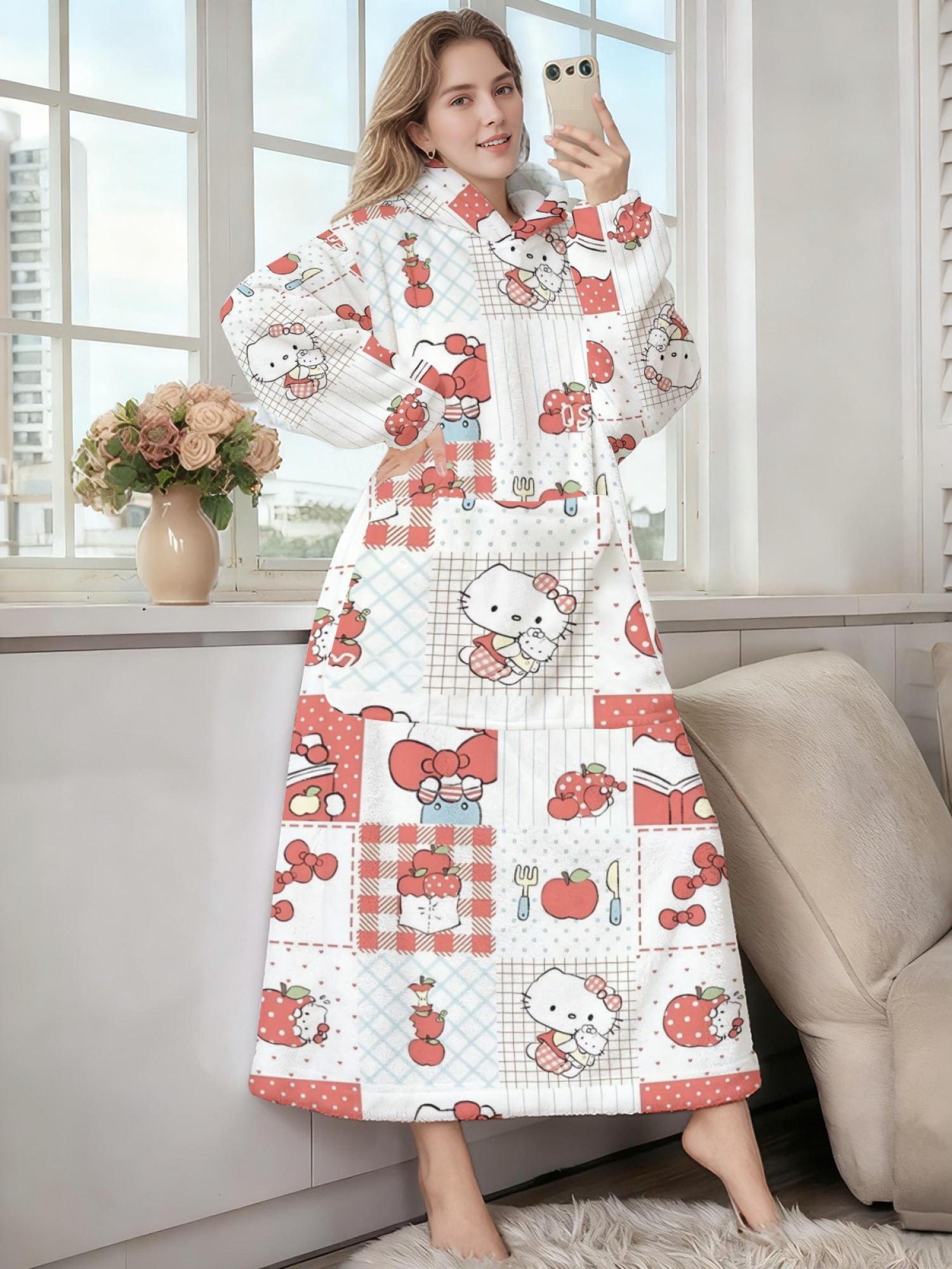 Women's Hello Kitty Themed Flannel Hooded Nightgown - Soft Cozy TV Robe (7 Styles: Yellow Gingham/Red Patchwork/Red Apple/Pink Gingham/Black Check/Pale Pink Gingham/Light Blue Gingham)
