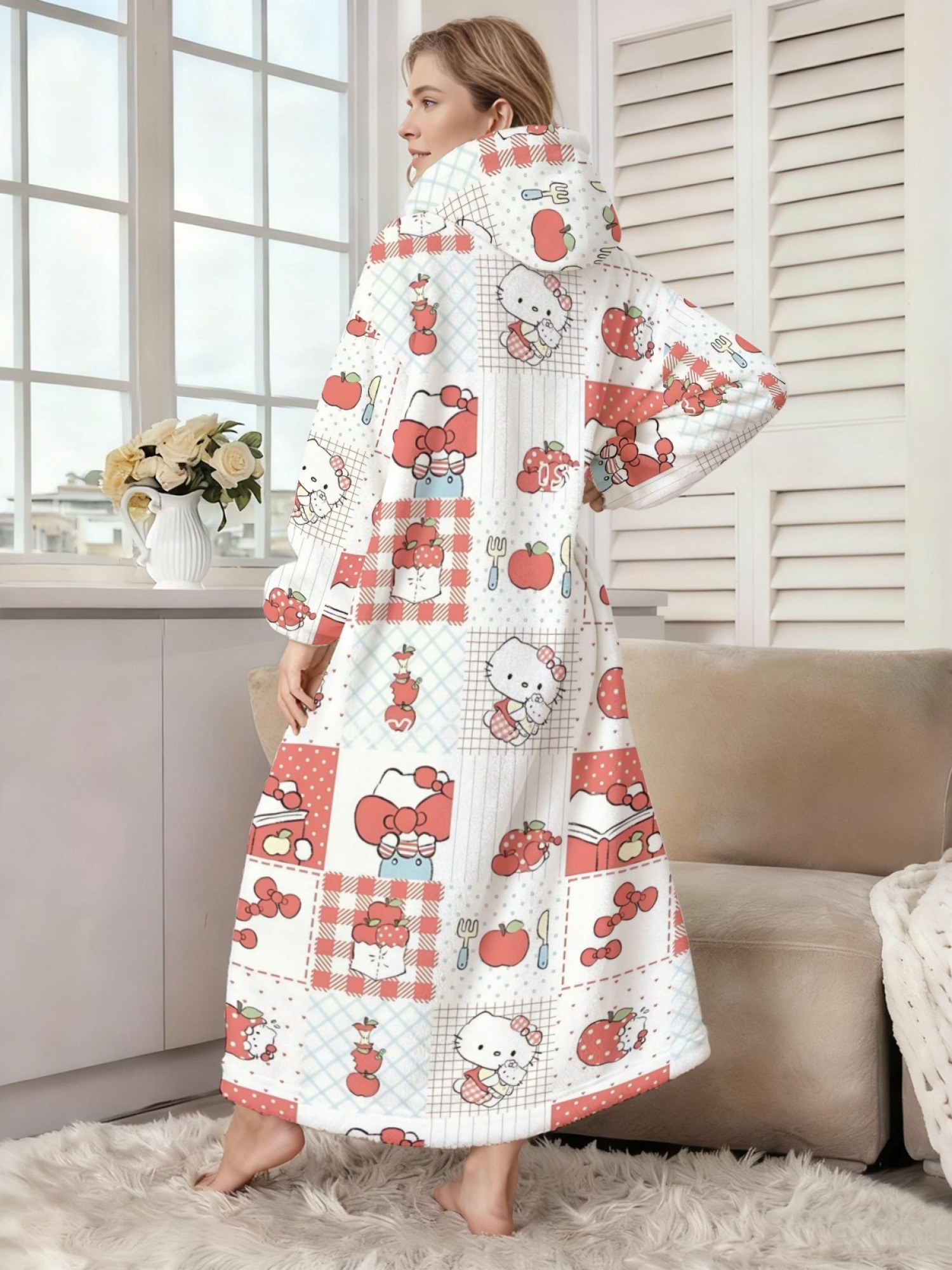 Women's Hello Kitty Themed Flannel Hooded Nightgown - Soft Cozy TV Robe (7 Styles: Yellow Gingham/Red Patchwork/Red Apple/Pink Gingham/Black Check/Pale Pink Gingham/Light Blue Gingham)