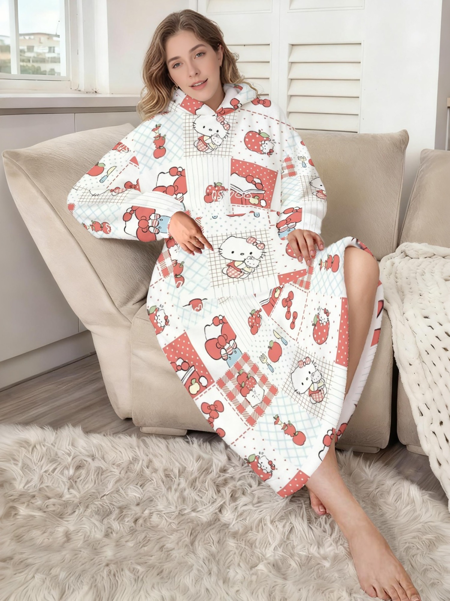 Women's Hello Kitty Themed Flannel Hooded Nightgown - Soft Cozy TV Robe (7 Styles: Yellow Gingham/Red Patchwork/Red Apple/Pink Gingham/Black Check/Pale Pink Gingham/Light Blue Gingham)
