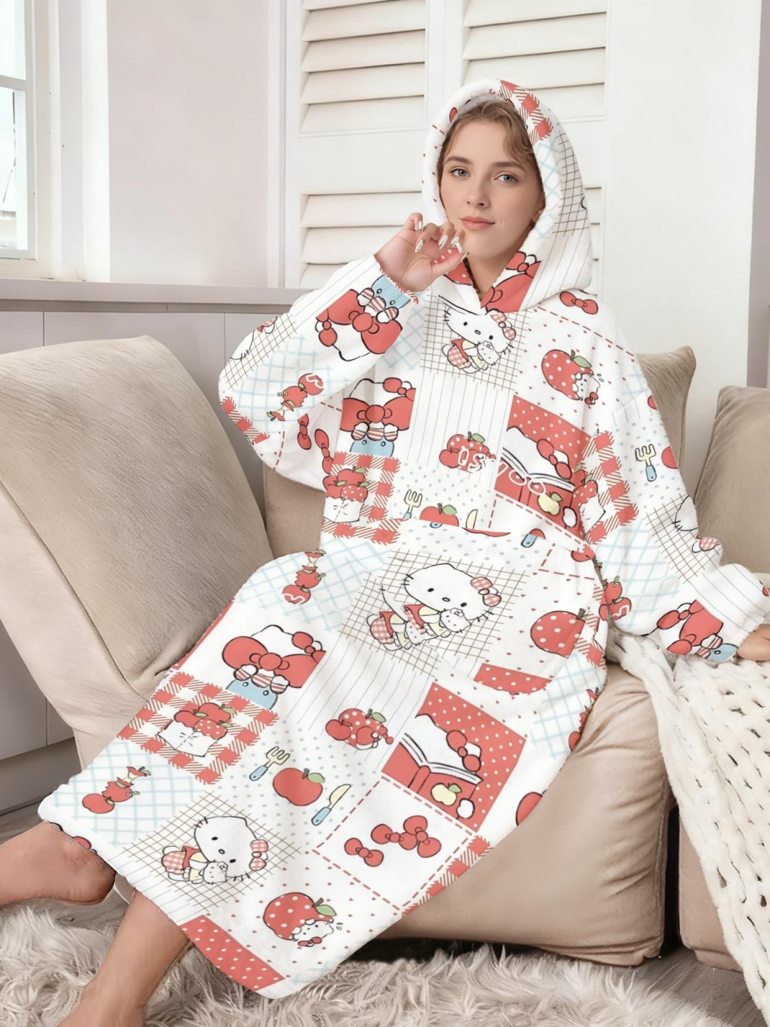 Women's Hello Kitty Themed Flannel Hooded Nightgown - Soft Cozy TV Robe (7 Styles: Yellow Gingham/Red Patchwork/Red Apple/Pink Gingham/Black Check/Pale Pink Gingham/Light Blue Gingham)