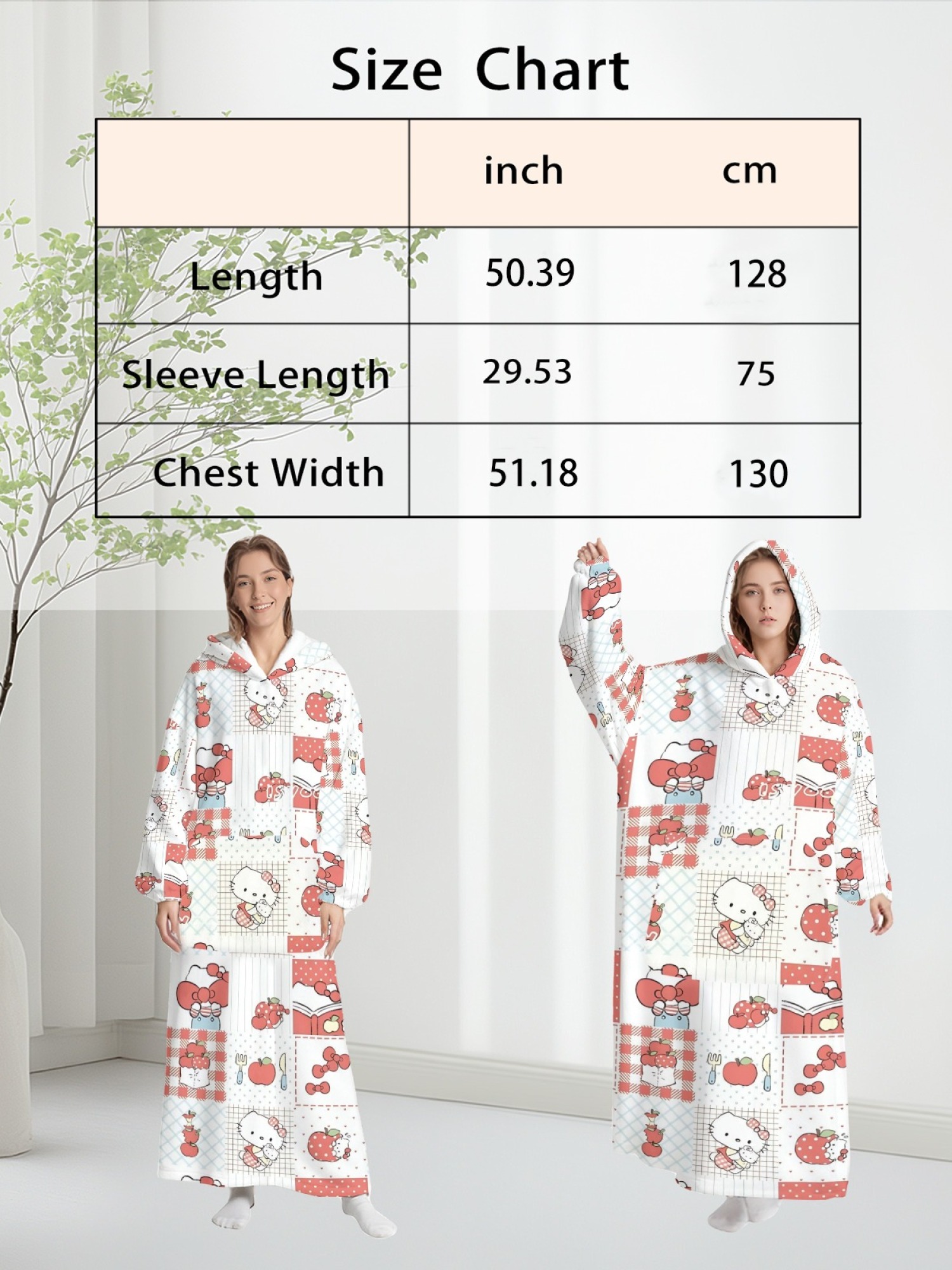 Women's Hello Kitty Themed Flannel Hooded Nightgown - Soft Cozy TV Robe (7 Styles: Yellow Gingham/Red Patchwork/Red Apple/Pink Gingham/Black Check/Pale Pink Gingham/Light Blue Gingham)