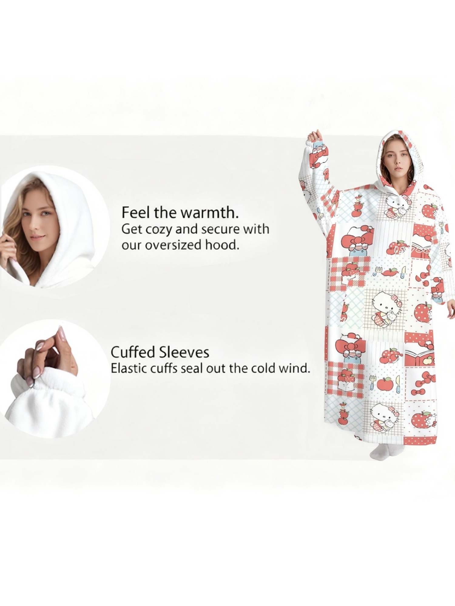 Women's Hello Kitty Themed Flannel Hooded Nightgown - Soft Cozy TV Robe (7 Styles: Yellow Gingham/Red Patchwork/Red Apple/Pink Gingham/Black Check/Pale Pink Gingham/Light Blue Gingham)