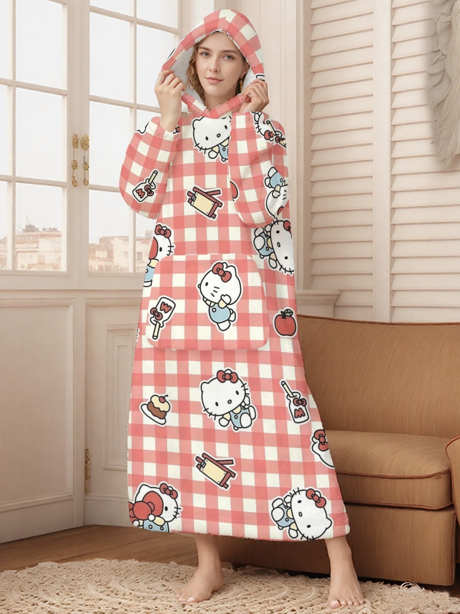 Women's Hello Kitty Themed Flannel Hooded Nightgown - Soft Cozy TV Robe (7 Styles: Yellow Gingham/Red Patchwork/Red Apple/Pink Gingham/Black Check/Pale Pink Gingham/Light Blue Gingham)