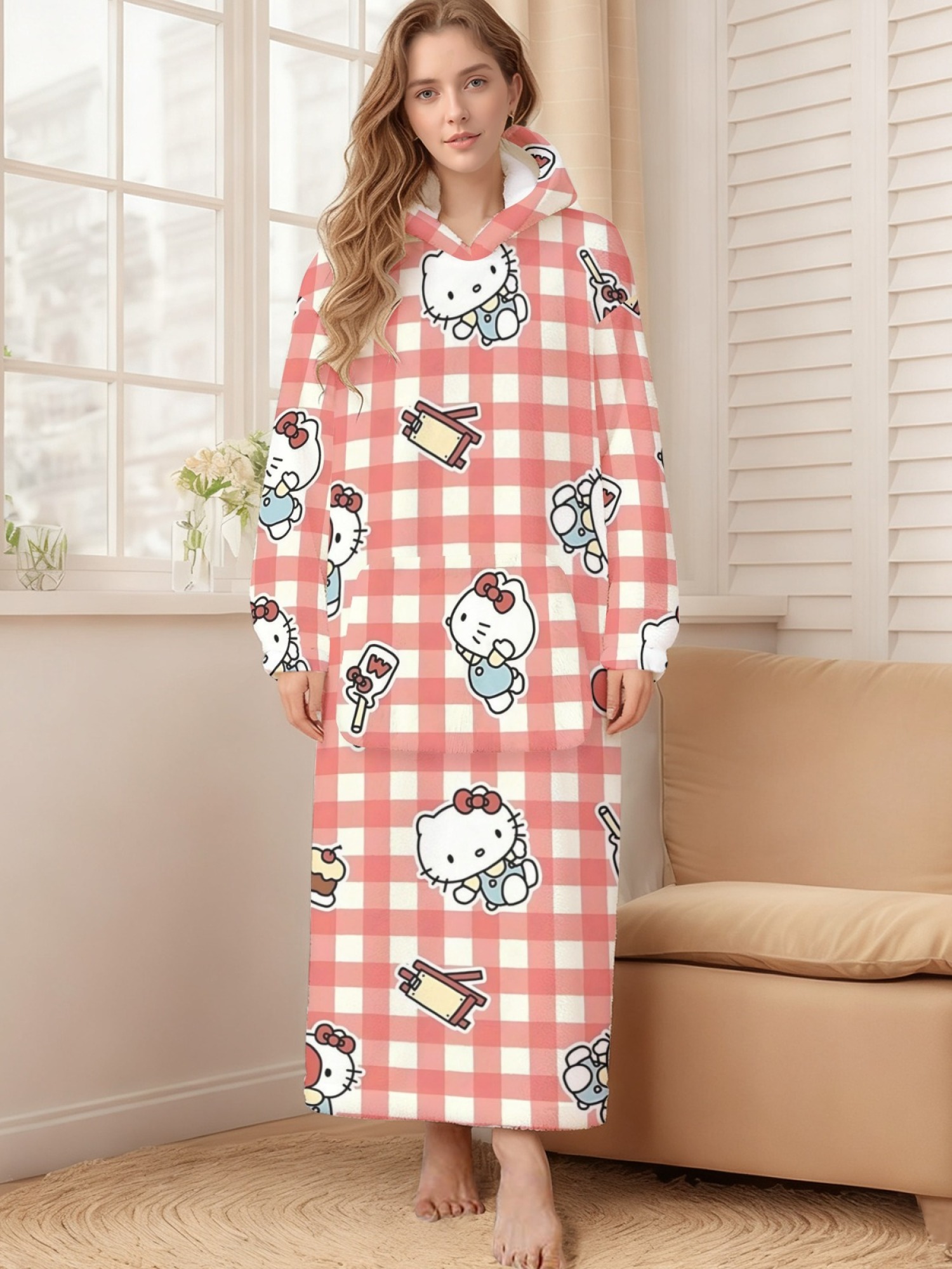 Women's Hello Kitty Themed Flannel Hooded Nightgown - Soft Cozy TV Robe (7 Styles: Yellow Gingham/Red Patchwork/Red Apple/Pink Gingham/Black Check/Pale Pink Gingham/Light Blue Gingham)