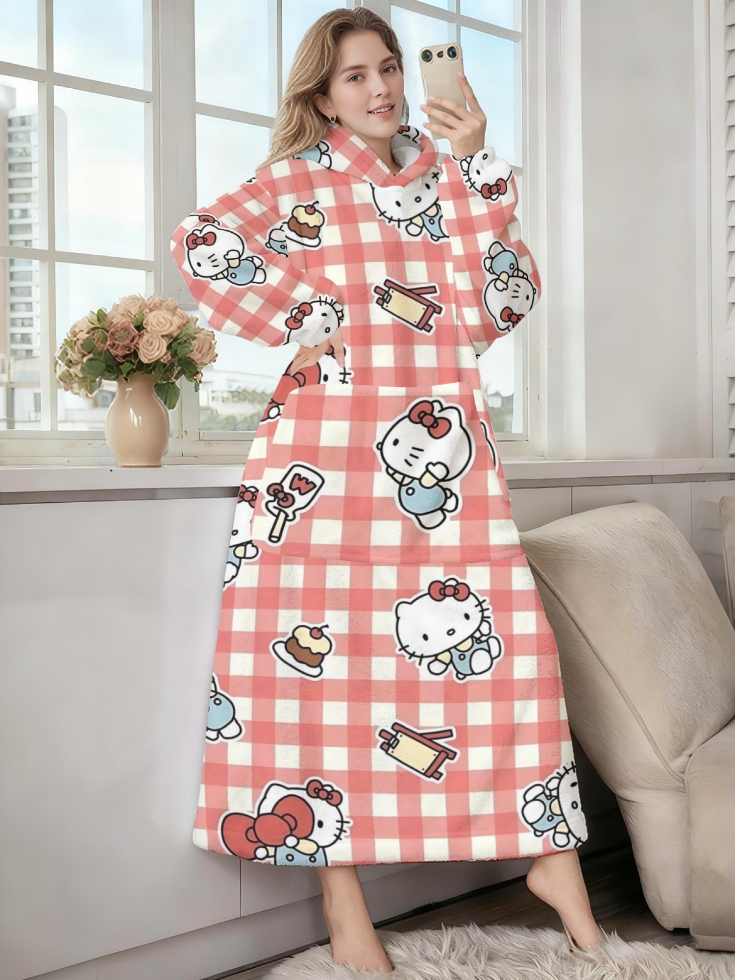 Women's Hello Kitty Themed Flannel Hooded Nightgown - Soft Cozy TV Robe (7 Styles: Yellow Gingham/Red Patchwork/Red Apple/Pink Gingham/Black Check/Pale Pink Gingham/Light Blue Gingham)