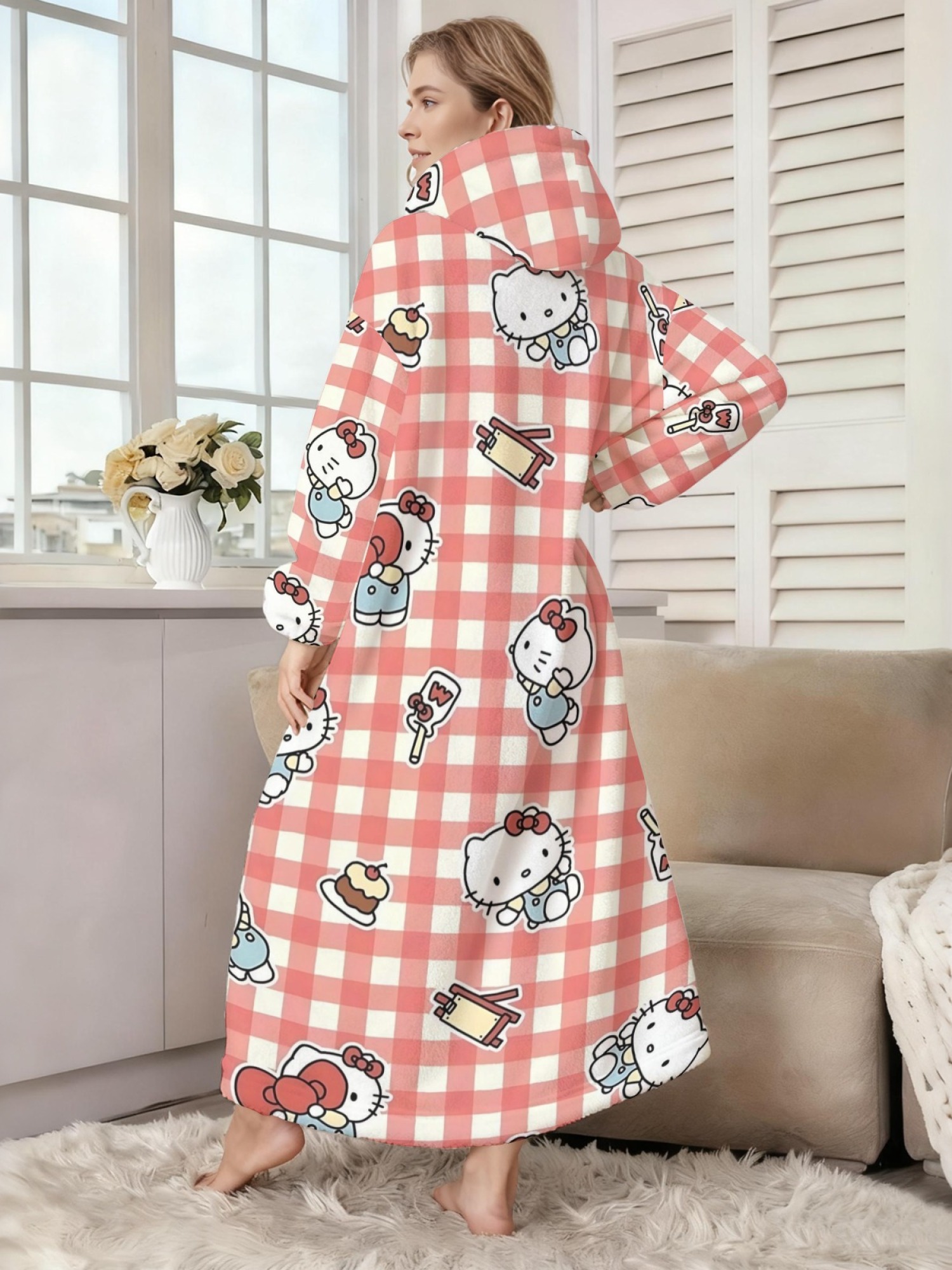 Women's Hello Kitty Themed Flannel Hooded Nightgown - Soft Cozy TV Robe (7 Styles: Yellow Gingham/Red Patchwork/Red Apple/Pink Gingham/Black Check/Pale Pink Gingham/Light Blue Gingham)