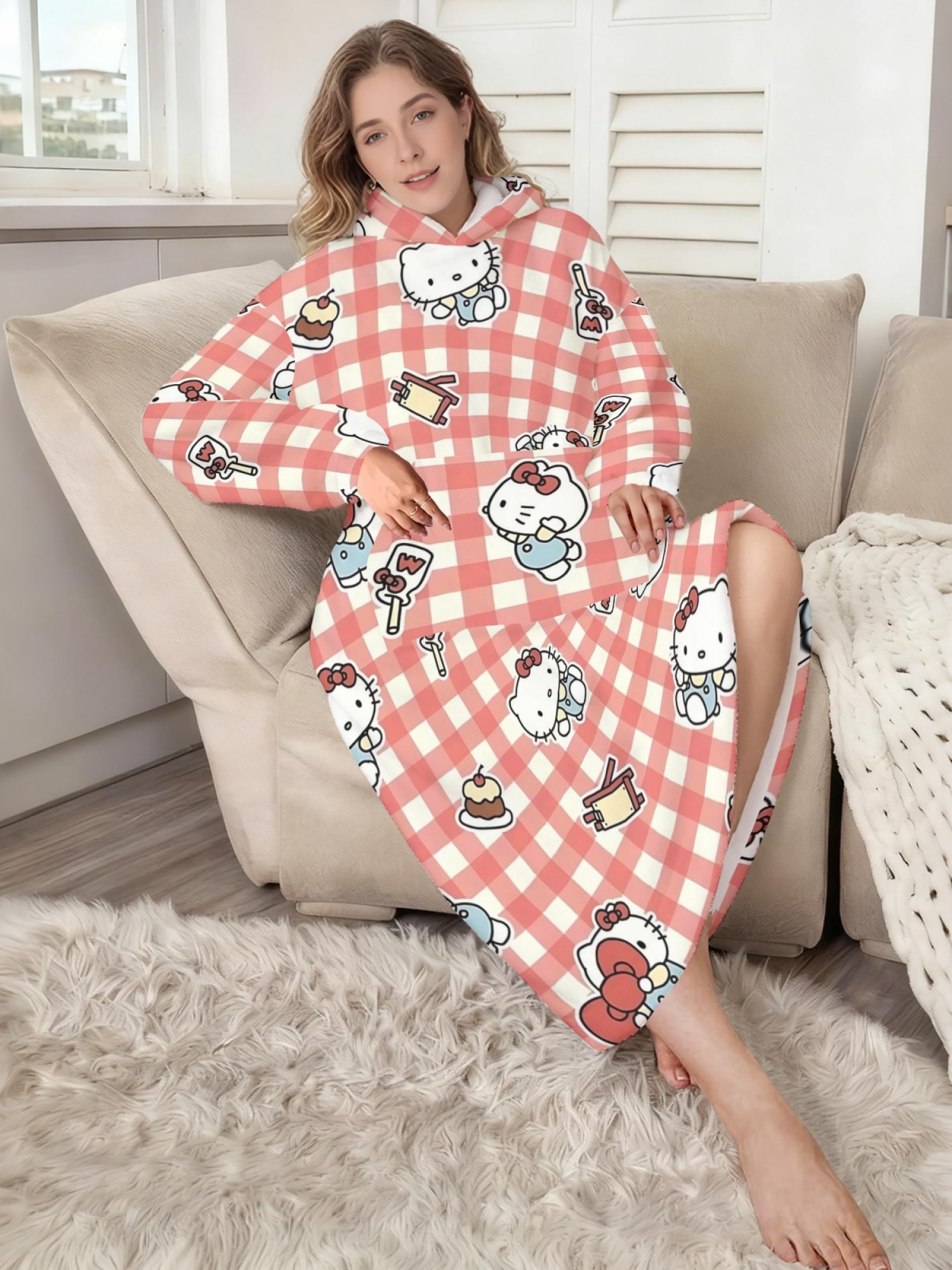 Women's Hello Kitty Themed Flannel Hooded Nightgown - Soft Cozy TV Robe (7 Styles: Yellow Gingham/Red Patchwork/Red Apple/Pink Gingham/Black Check/Pale Pink Gingham/Light Blue Gingham)
