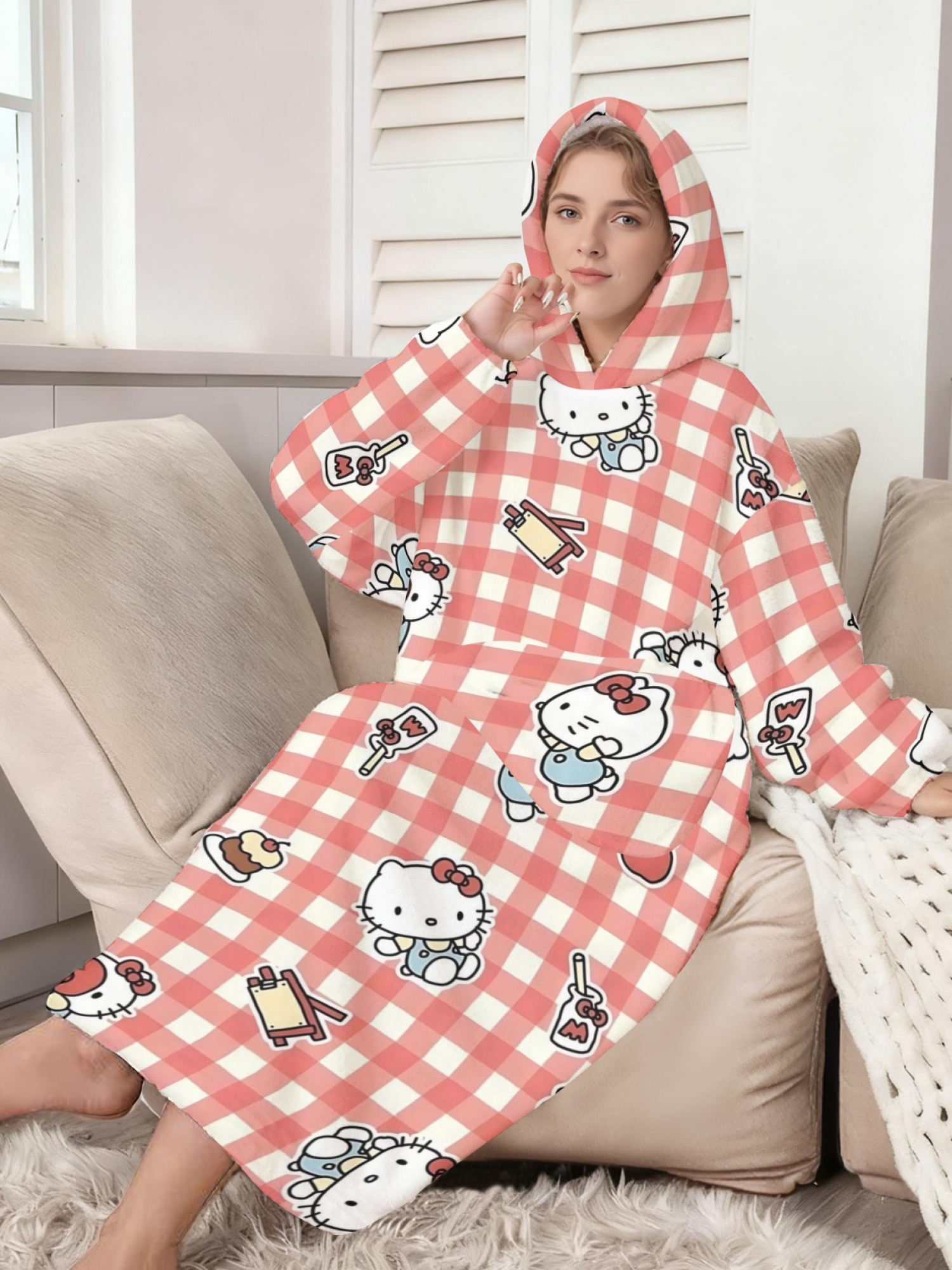Women's Hello Kitty Themed Flannel Hooded Nightgown - Soft Cozy TV Robe (7 Styles: Yellow Gingham/Red Patchwork/Red Apple/Pink Gingham/Black Check/Pale Pink Gingham/Light Blue Gingham)