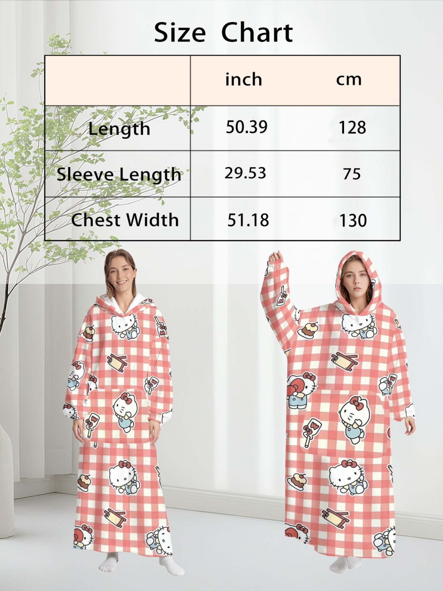 Women's Hello Kitty Themed Flannel Hooded Nightgown - Soft Cozy TV Robe (7 Styles: Yellow Gingham/Red Patchwork/Red Apple/Pink Gingham/Black Check/Pale Pink Gingham/Light Blue Gingham)