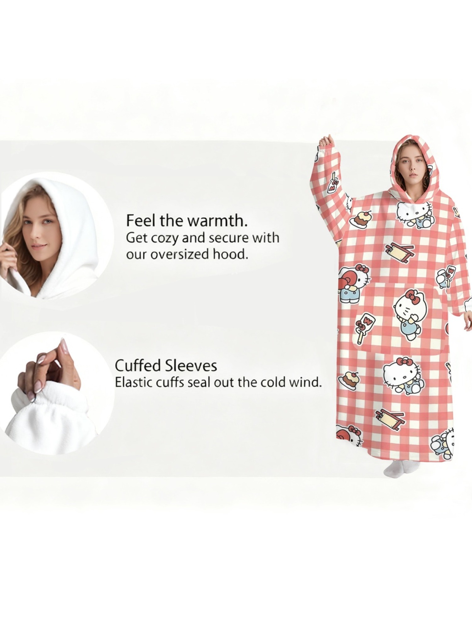 Women's Hello Kitty Themed Flannel Hooded Nightgown - Soft Cozy TV Robe (7 Styles: Yellow Gingham/Red Patchwork/Red Apple/Pink Gingham/Black Check/Pale Pink Gingham/Light Blue Gingham)