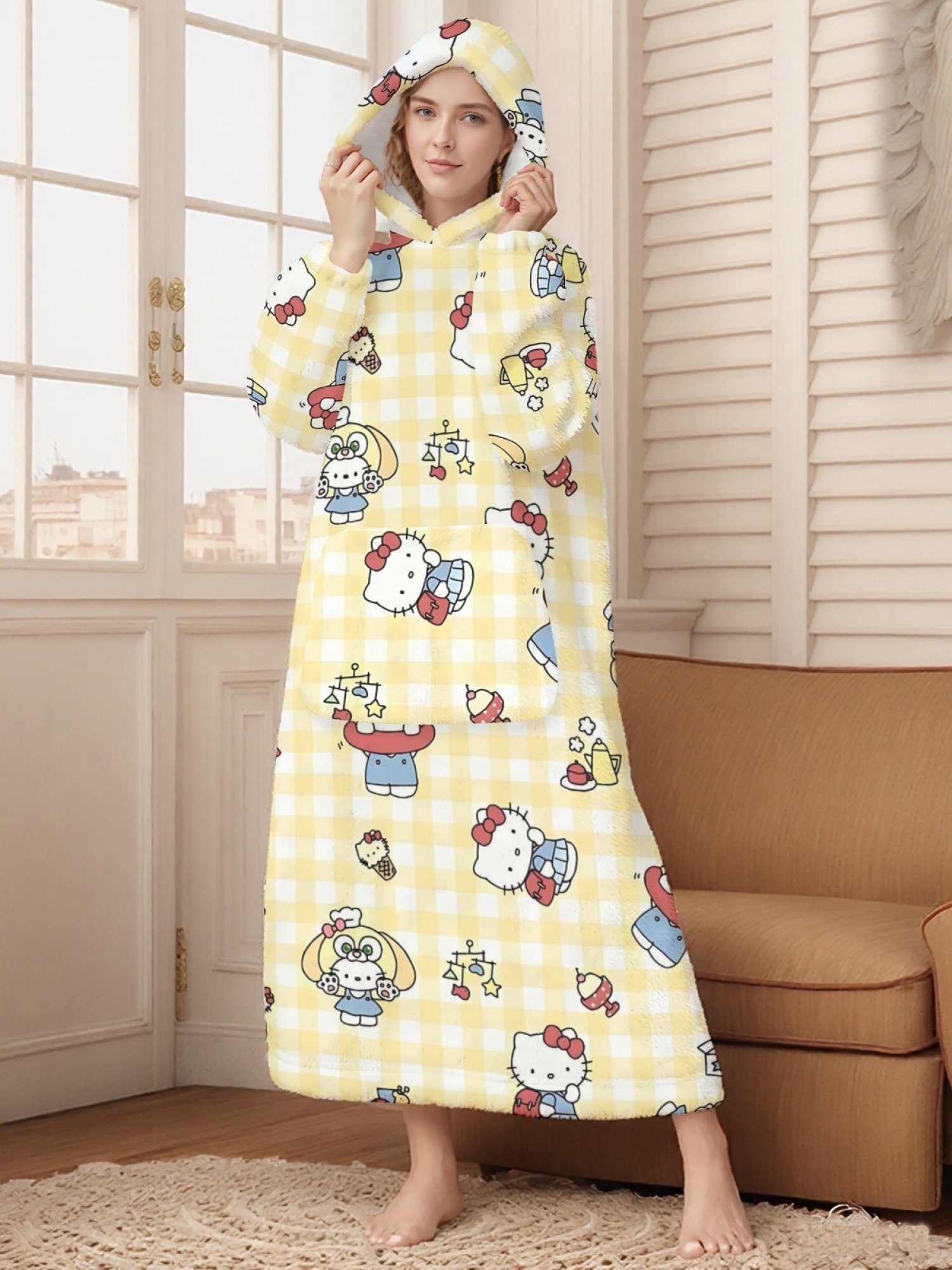Women's Hello Kitty Themed Flannel Hooded Nightgown - Soft Cozy TV Robe (7 Styles: Yellow Gingham/Red Patchwork/Red Apple/Pink Gingham/Black Check/Pale Pink Gingham/Light Blue Gingham)