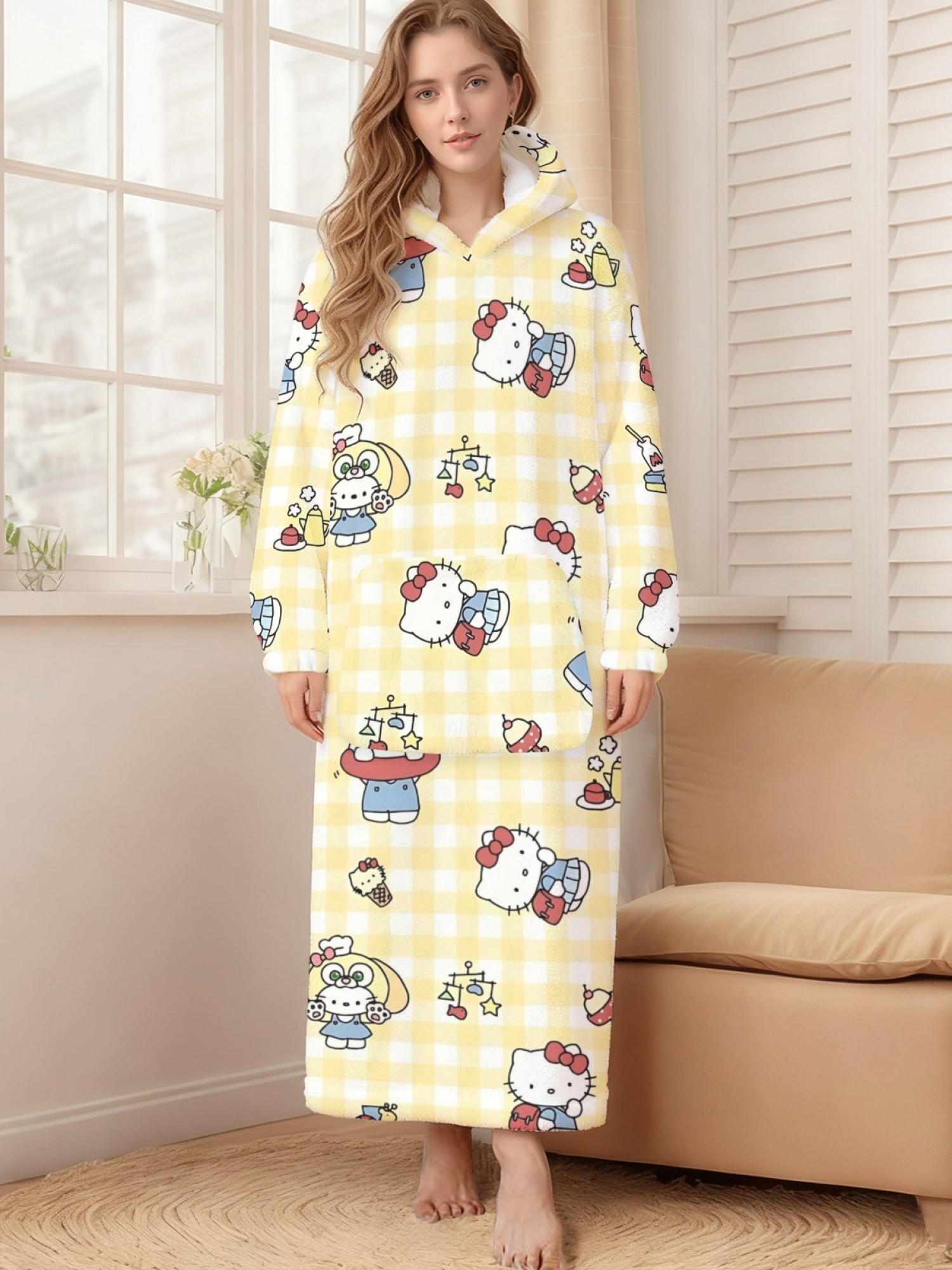 Women's Hello Kitty Themed Flannel Hooded Nightgown - Soft Cozy TV Robe (7 Styles: Yellow Gingham/Red Patchwork/Red Apple/Pink Gingham/Black Check/Pale Pink Gingham/Light Blue Gingham)