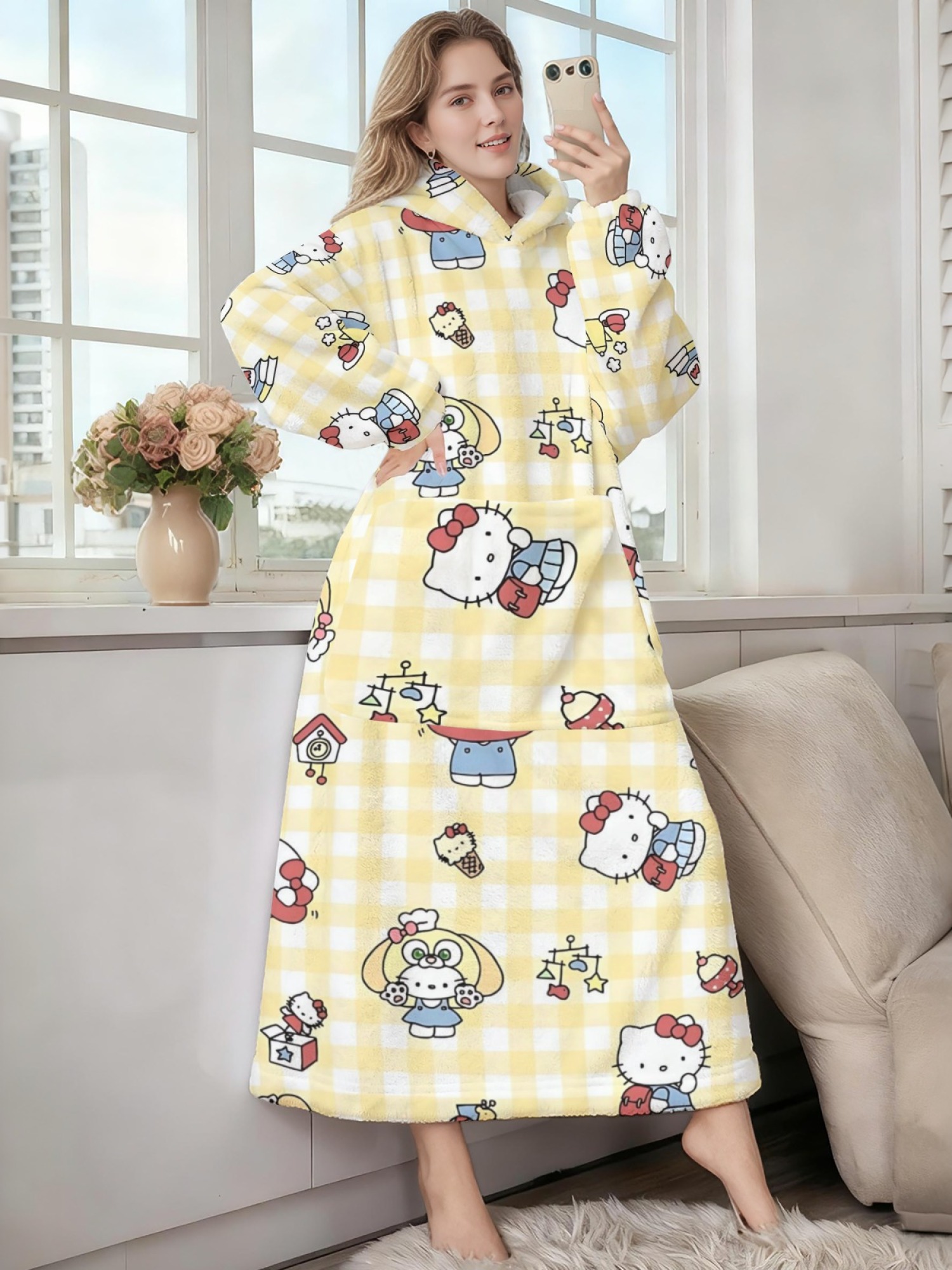 Women's Hello Kitty Themed Flannel Hooded Nightgown - Soft Cozy TV Robe (7 Styles: Yellow Gingham/Red Patchwork/Red Apple/Pink Gingham/Black Check/Pale Pink Gingham/Light Blue Gingham)