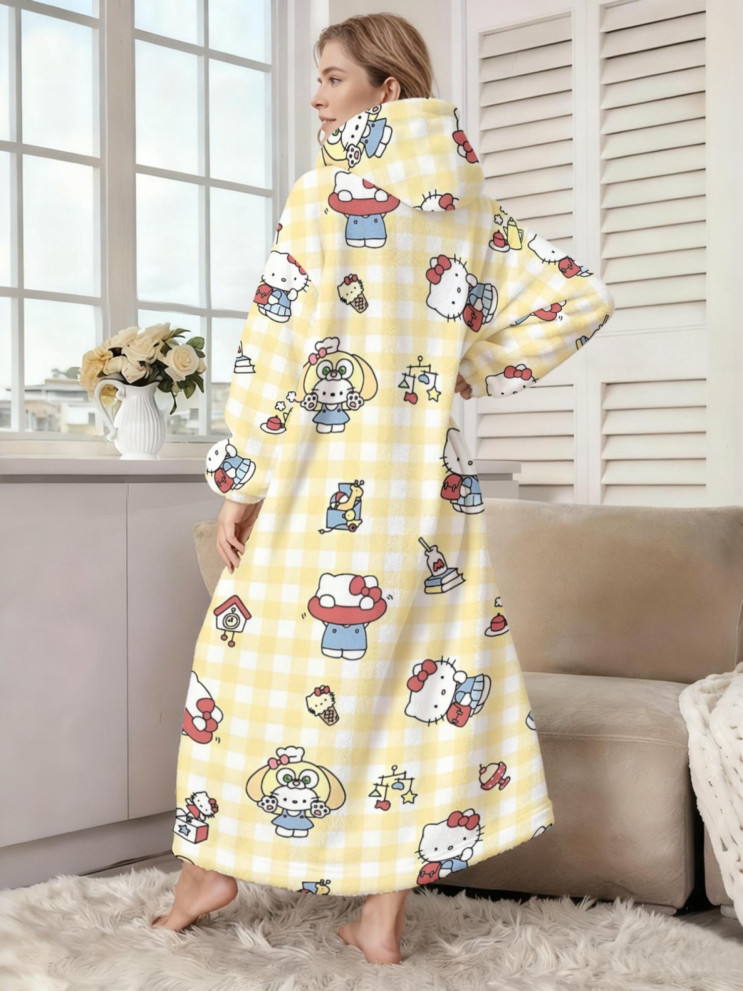 Women's Hello Kitty Themed Flannel Hooded Nightgown - Soft Cozy TV Robe (7 Styles: Yellow Gingham/Red Patchwork/Red Apple/Pink Gingham/Black Check/Pale Pink Gingham/Light Blue Gingham)