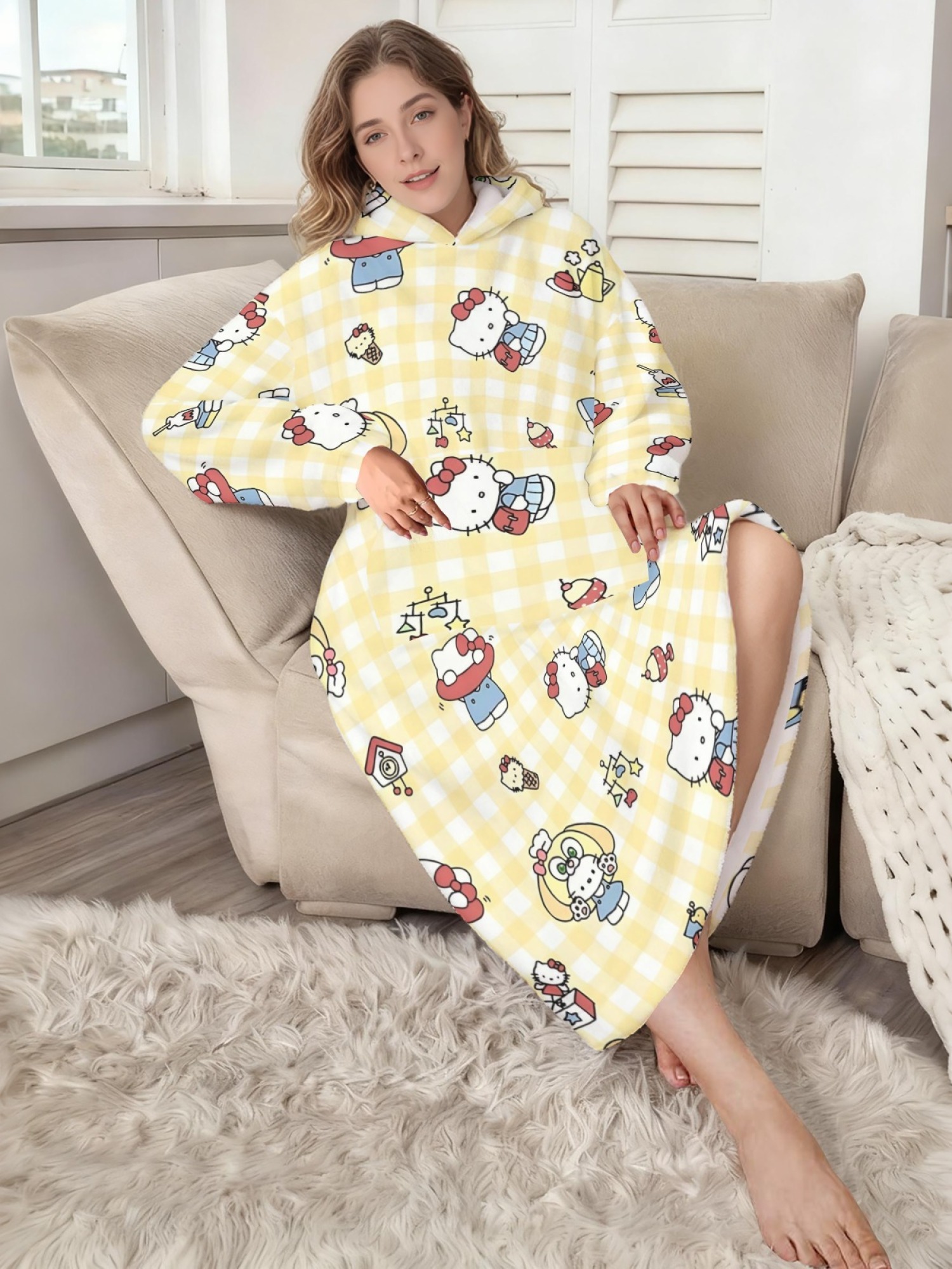 Women's Hello Kitty Themed Flannel Hooded Nightgown - Soft Cozy TV Robe (7 Styles: Yellow Gingham/Red Patchwork/Red Apple/Pink Gingham/Black Check/Pale Pink Gingham/Light Blue Gingham)