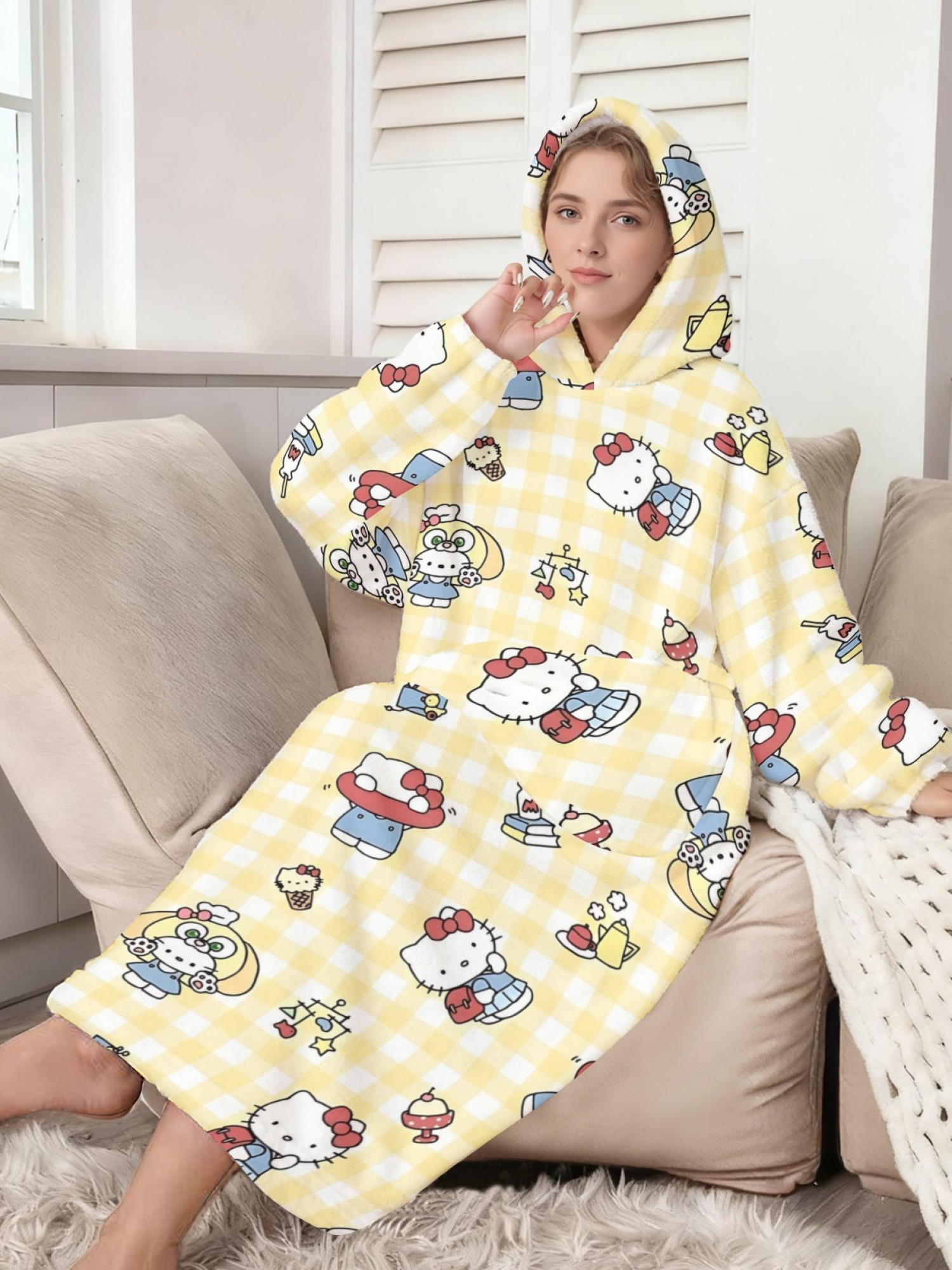Women's Hello Kitty Themed Flannel Hooded Nightgown - Soft Cozy TV Robe (7 Styles: Yellow Gingham/Red Patchwork/Red Apple/Pink Gingham/Black Check/Pale Pink Gingham/Light Blue Gingham)