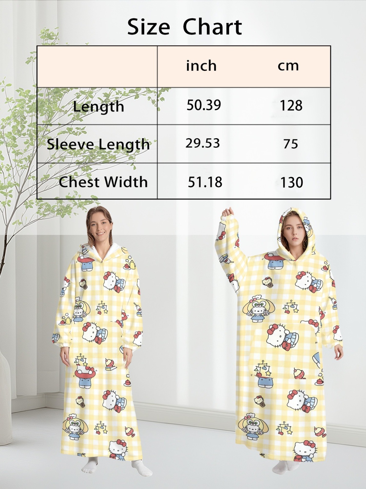 Women's Hello Kitty Themed Flannel Hooded Nightgown - Soft Cozy TV Robe (7 Styles: Yellow Gingham/Red Patchwork/Red Apple/Pink Gingham/Black Check/Pale Pink Gingham/Light Blue Gingham)