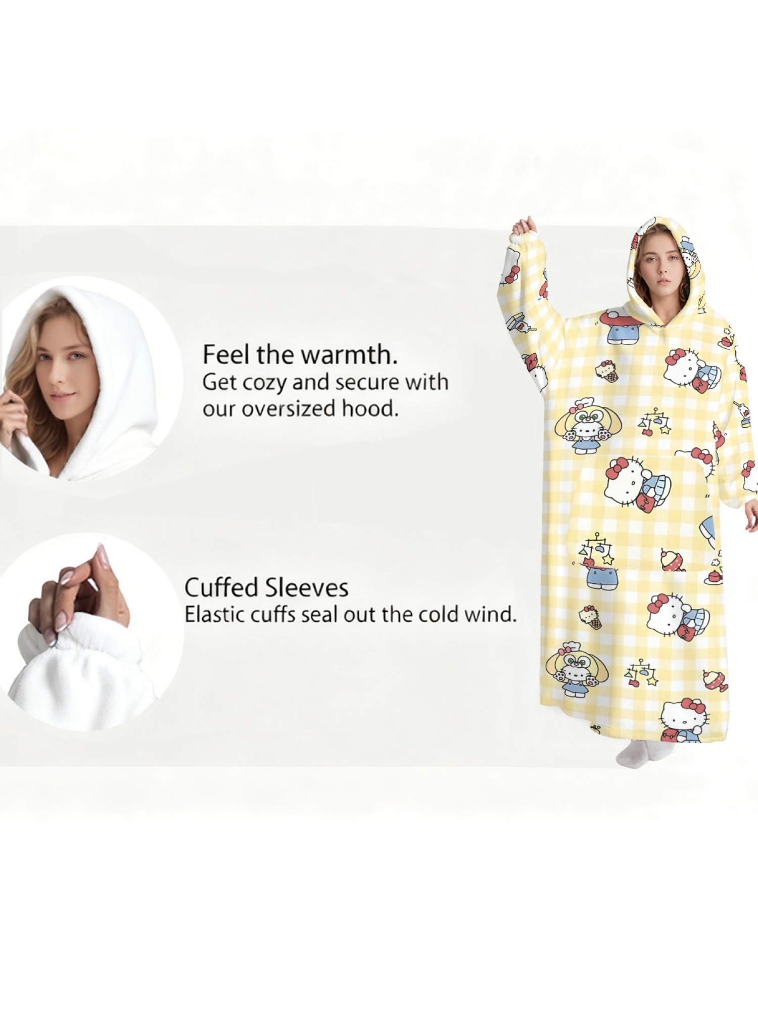 Women's Hello Kitty Themed Flannel Hooded Nightgown - Soft Cozy TV Robe (7 Styles: Yellow Gingham/Red Patchwork/Red Apple/Pink Gingham/Black Check/Pale Pink Gingham/Light Blue Gingham)